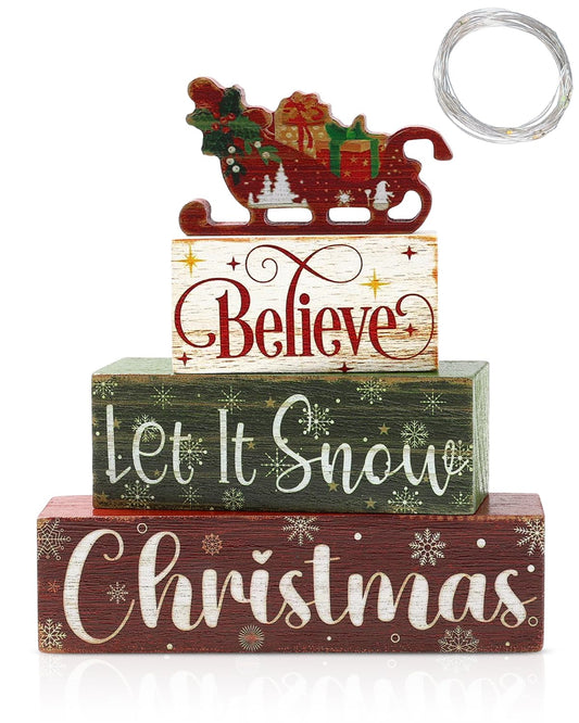 5 Pcs Winter Table Decor Wooden Hot Cocoa Decoration with Lights Centerpiece Winter Tiered Tray Decorative Farmhouse Christmas Decor for Home