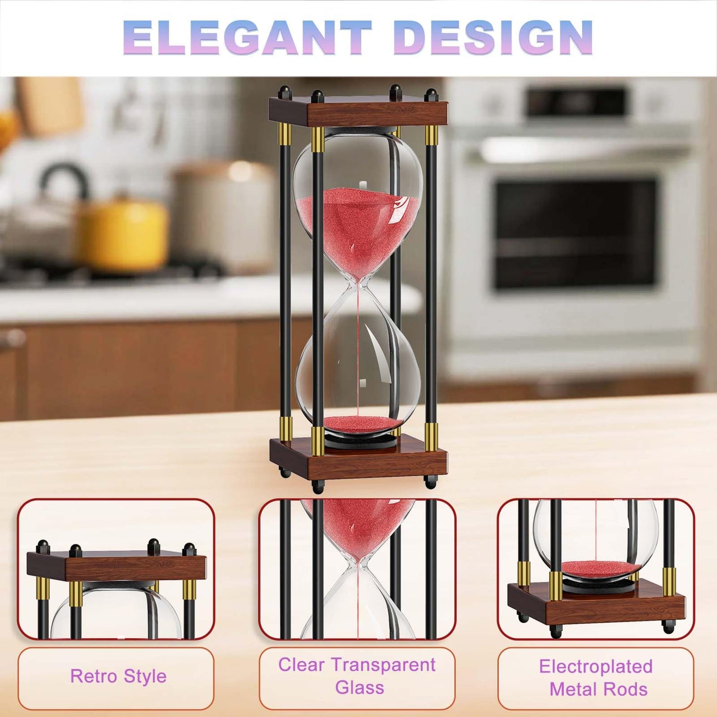 Sand Timer 60 Minute, 60 Min Hourglass Red Sand Clock, 1 Hour Wooden Retor Hour Glass, One Hour Sandglass, Reloj de Arena, Creative, Decoration, Office