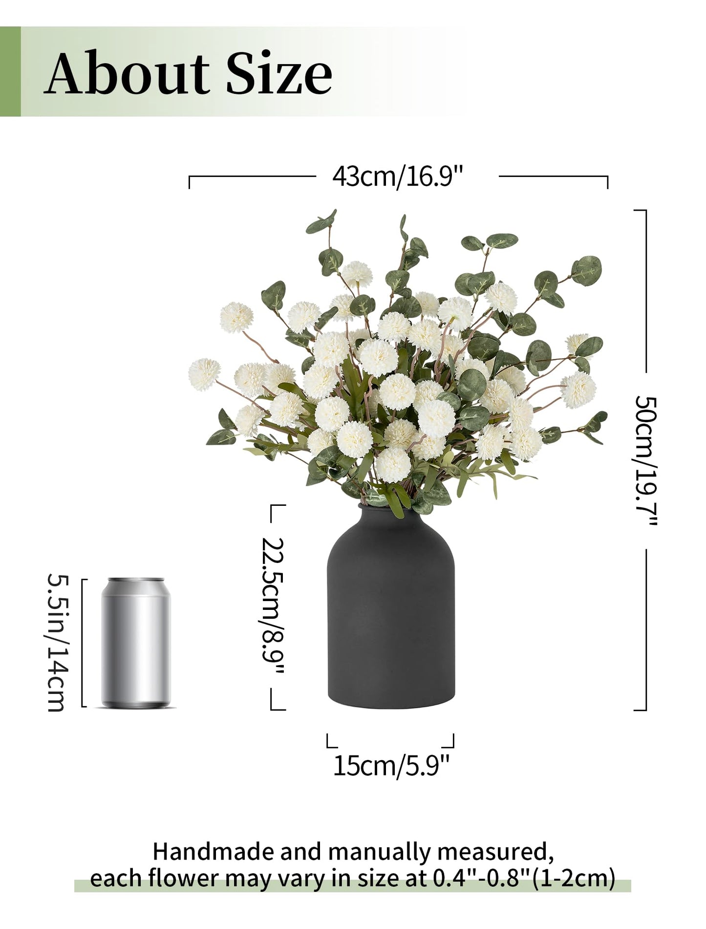 BLOSMON Fake Flowers in Vase for Centerpieces: Metal Vase with 12 Stems of Artificial Mums Kiku Flowers Eucalyptuses Home Table Decor - White Faux Pom Poms Floral Arrangements for Living Room