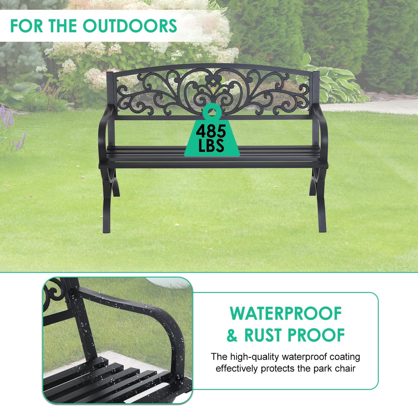 FDW Outdoor 50 Inches Garden Bench, Slatted Seat Armrests Floral Design Backres and Arch Legs, Perfect for Park, Yard, Porch, Lawn, Balcony, Backyard, Black
