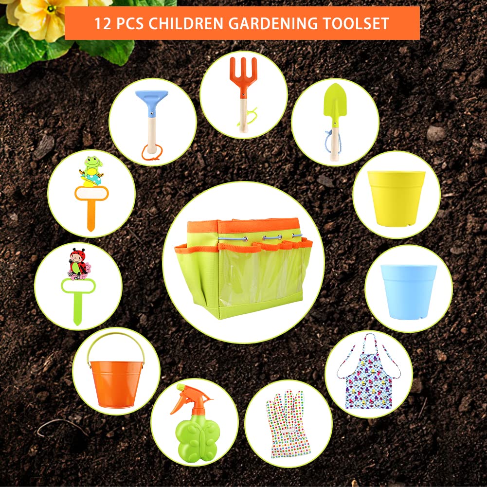 Kids Gardening Tools Kit Children Garden Toy Includes Tote Bag, Spade, Watering Bucket, Spray Bottle, Flower Pot, Apron, Rake, Plant Marker, Fork, Rake and Gloves