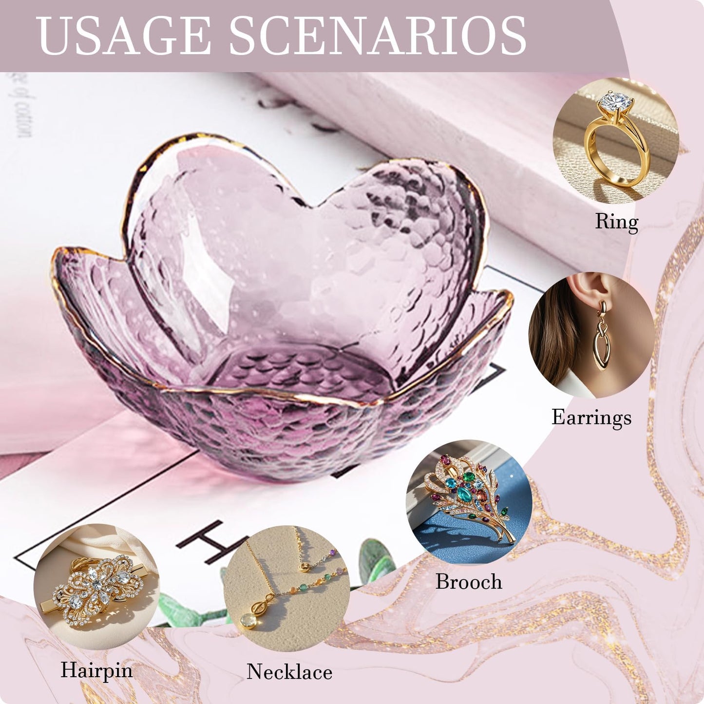 Purple Flower Jewelry Dish Glass Ring Holder Dish Jewelry Tray Cute Vanity Organizer Aesthetic Nightstand Bathroom Room Decor Trinket Dish Mothers Day Friendship Christmas Birthday Gifts for Women