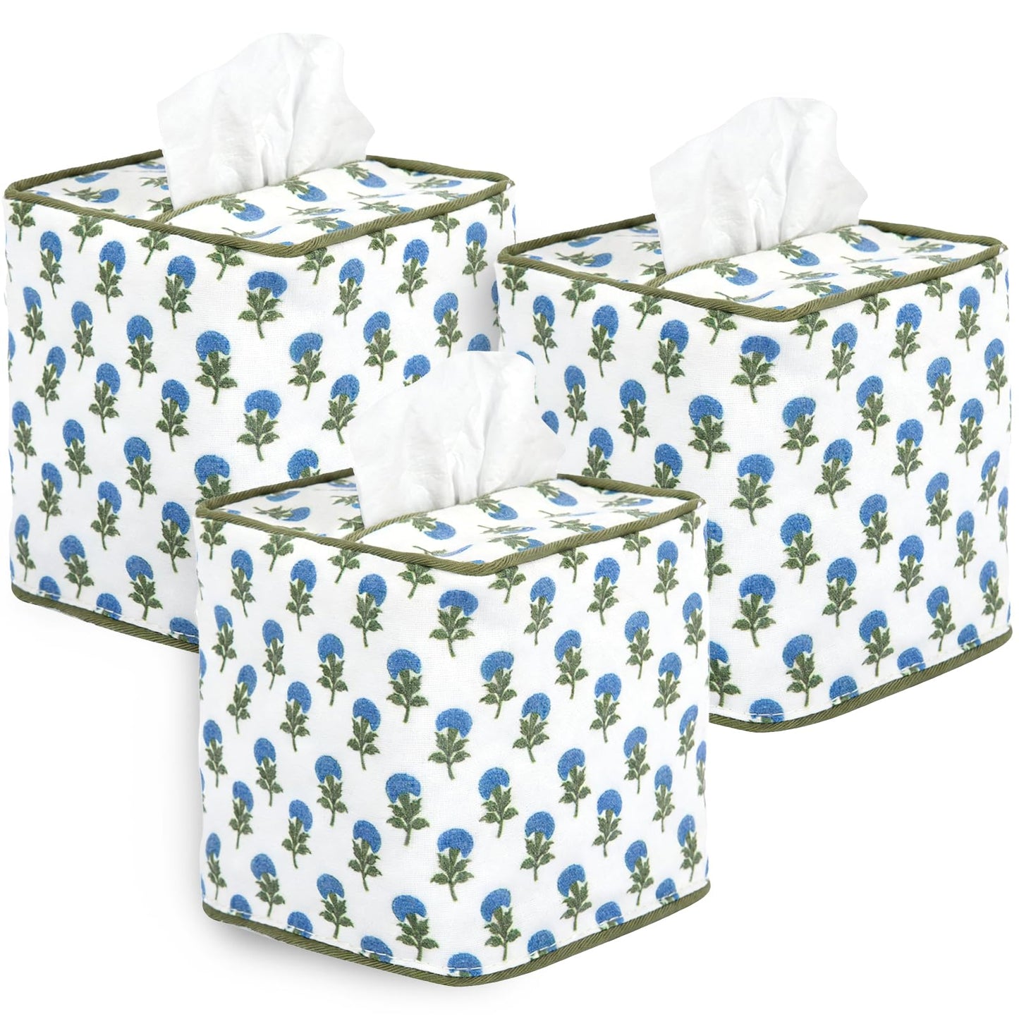 3Pcs Blue Flower Cotton Tissue Box Cover Hand Block Printed 5" x 5" x 5.5" Square Soft Reusable Floral Napkin Holder for Home Kitchen Dining Bathroom Office Cafe (Blue)