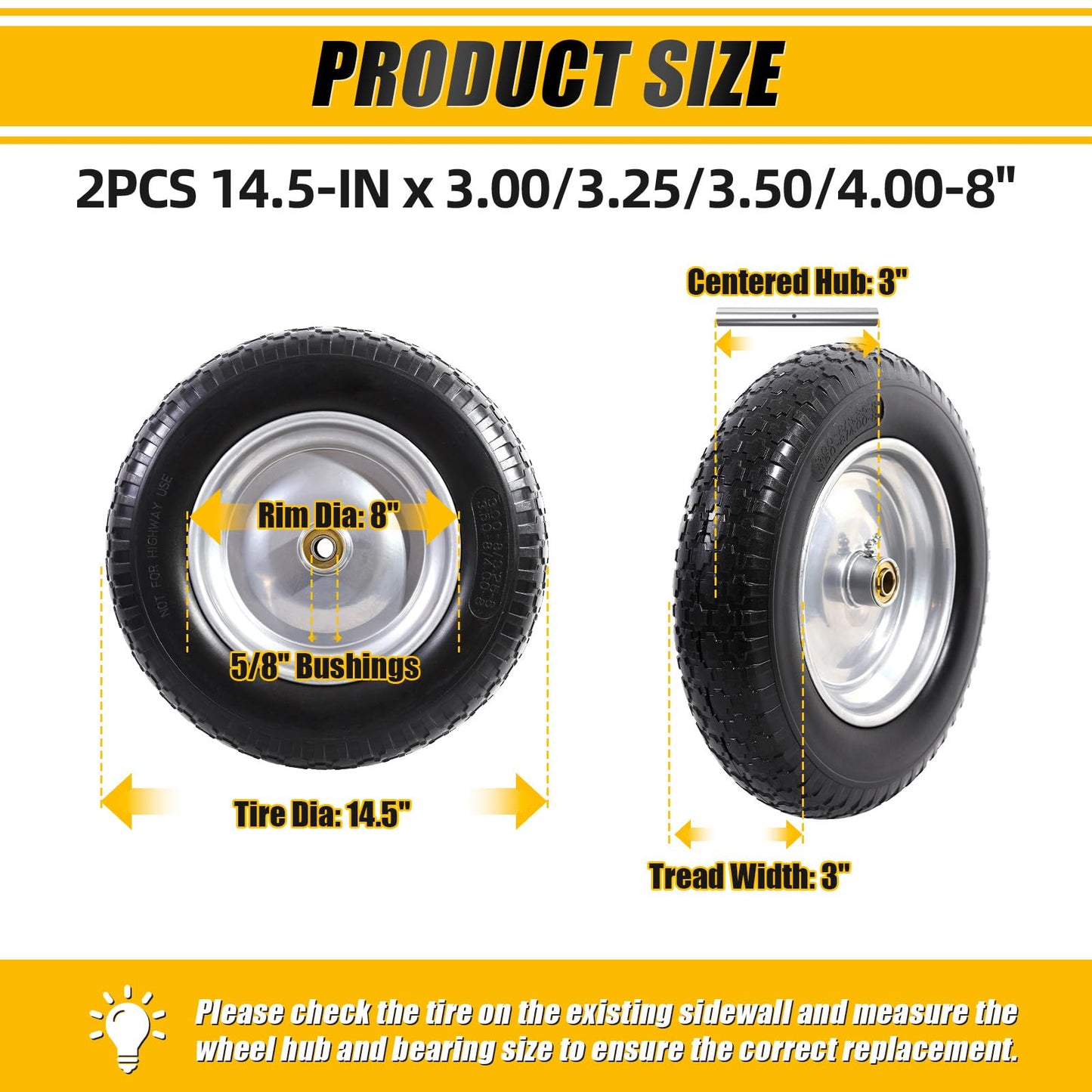 MZREXN 14.5" Wheelbarrow Tire Flat-Free 3.00/3.25/3.50/4.00-8" Solid Tire and Wheel with 3"-7" Centered Hub, 3/4" & 5/8" Bearings Replacement for Hand Truck/Dolly/Utility Cart/Garden Cart 2PCS Silver