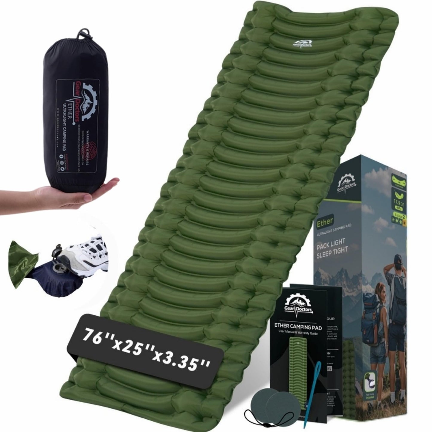 Gear Doctors® Ether 17.5oz Ultralight Camping Sleeping Pad – Backpacking Air Mattress – Camping Mattress Pad – Compact Inflatable Sleeping Mat for Backpacking, Comfortable Outdoor Hiking, Tent, Travel