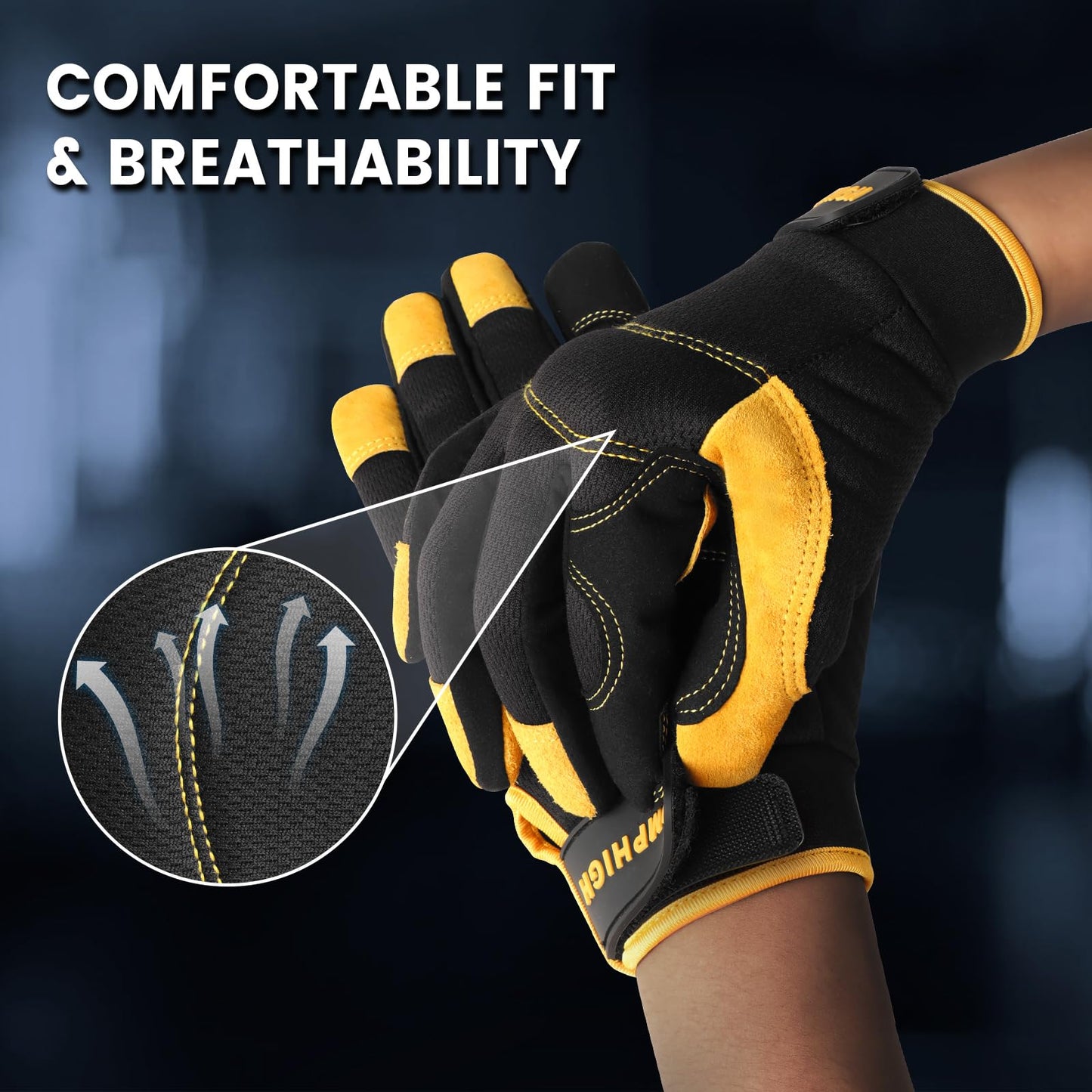 JUMPHIGH Mens Work Gloves, Synthetic Leather Mechanic Gloves, Utility, Touchscreen, Multipurpose, Construction, Warehouse, Truck Driving (L)