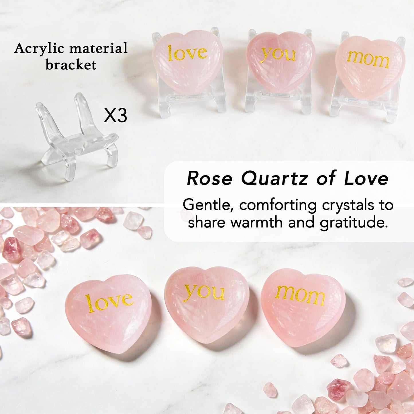 Rose Quartz Heart Gift for Mom, Love You Mom Crystal Keepsake with Acrylic Stand, Mom Birthday Gift from Daughter Son, Mothers Day Desk Decor, Thank You Mom Gift with Card and Box (Gold)