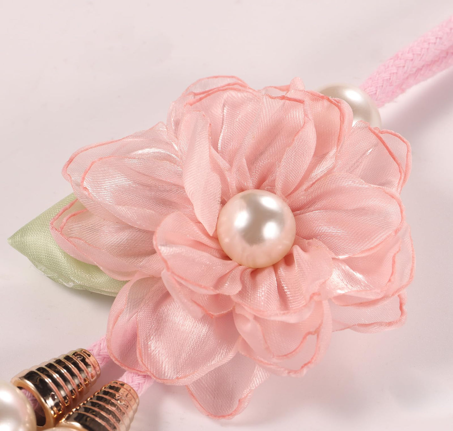 Adjustable Curtain Tiebacks， 4-Pack Hand-Woven Rope with Silk Flower & Pearl， Decorative Window Cord Holders for Drapery， Long Loop Design for All Curtain Thickness (Pink)