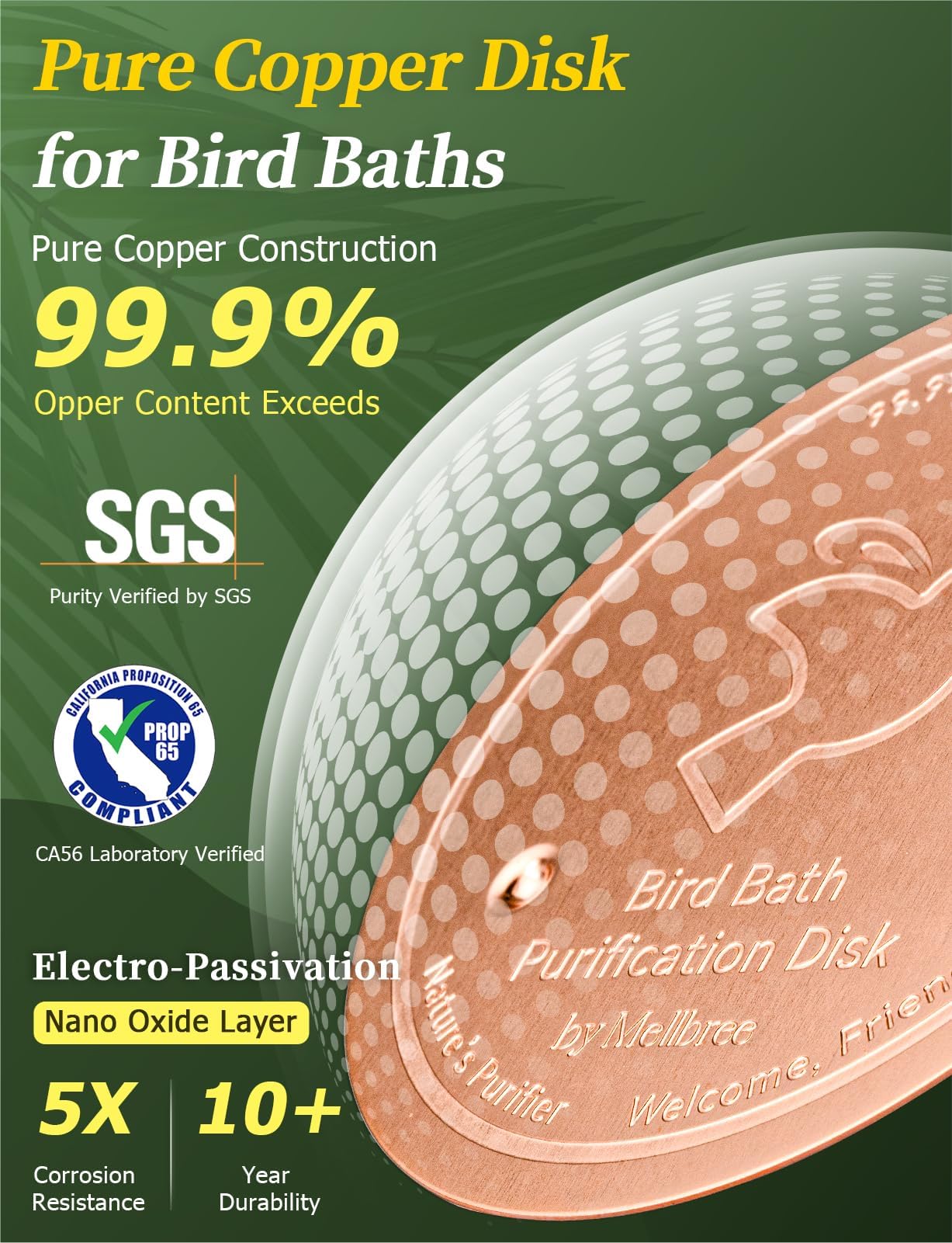 Mellbree Bird Bath 12" for Outside Lake Blue and Gold Gilding with Bird Bath Copper Disk