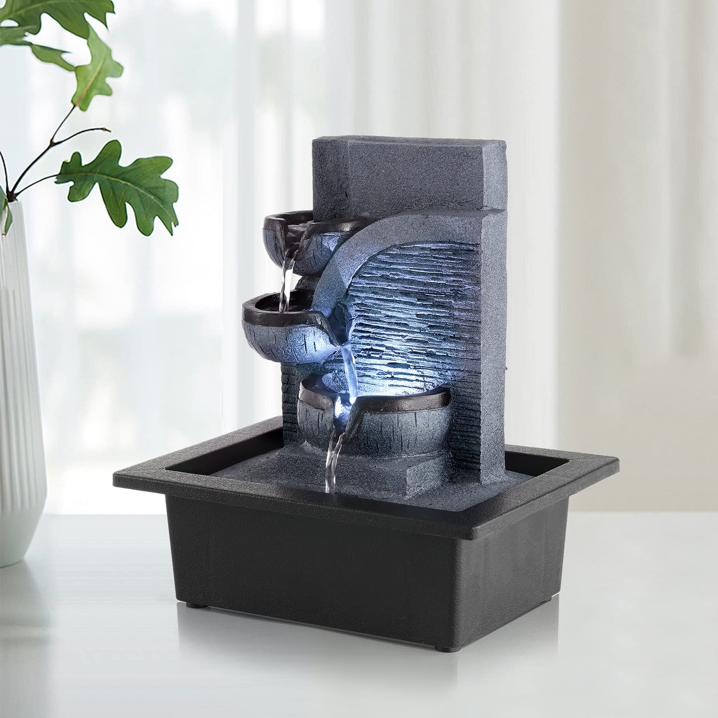 WICHEMI Tabletop Water Fountain with LED Lights Indoor Waterfall Fountains Relaxing Water Feature Indoor Fountains Zen Meditation Desktop Fountain for Home Office Bedroom Decor (Style 6)