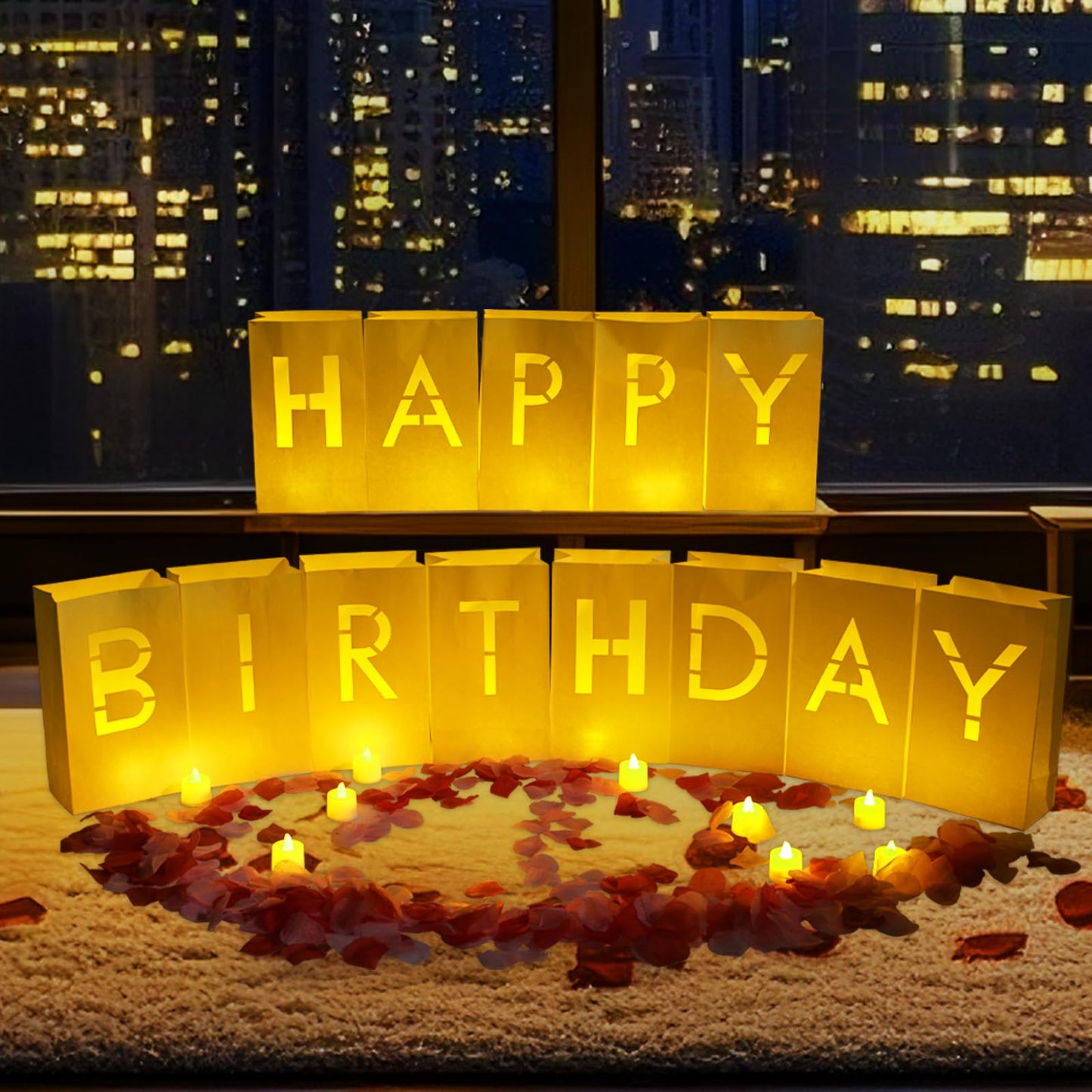Happy Birthday Decorations for Women Men Girls White Paper Bags with Letter Cards 2000PC Rose Petals Set, Happy Birthday Banner for Door Room Party Decorations, Surprise Gifts Banner