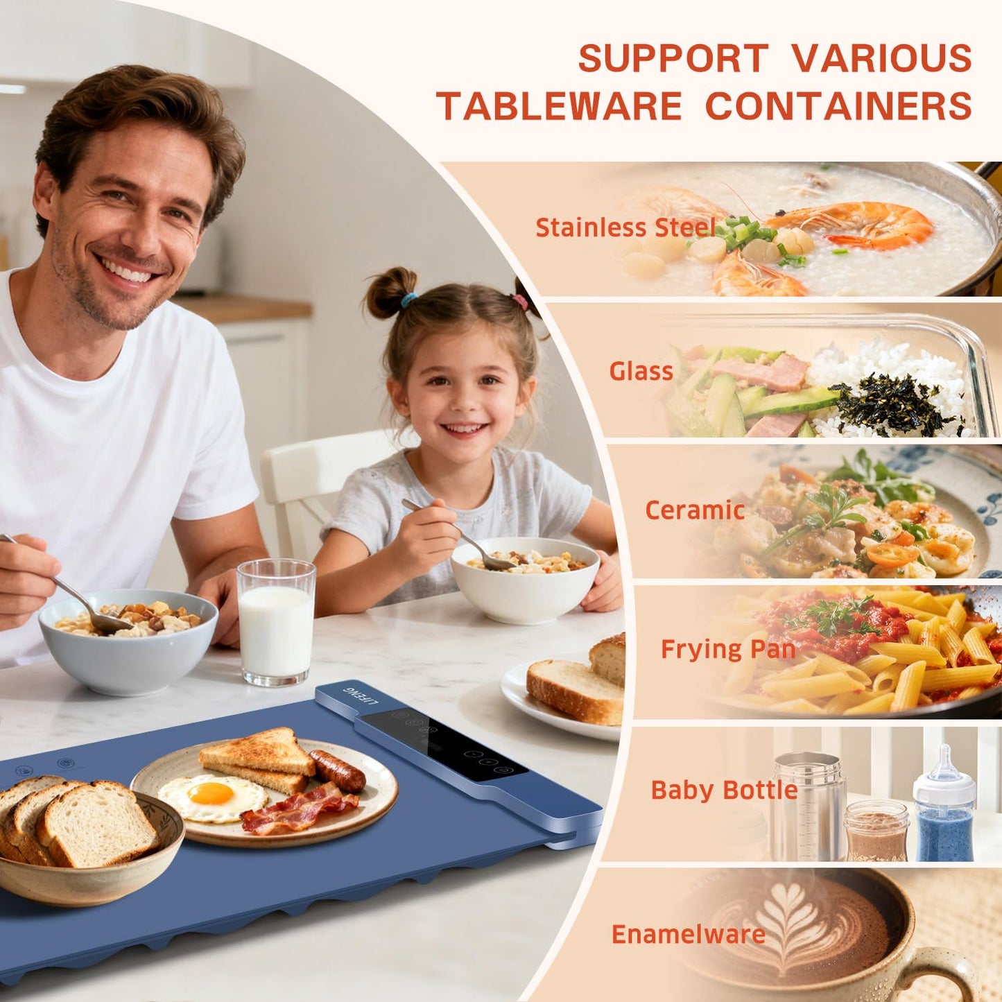 LIFENG Food Warming Mat, Extra Large 35.43×13.39 Inch Silicone Electric Warming Tray, Rollable Portable with 7 Temp Settings, Even Heating Easy Clean for Holiday Party Buffet Daily Use, Blue