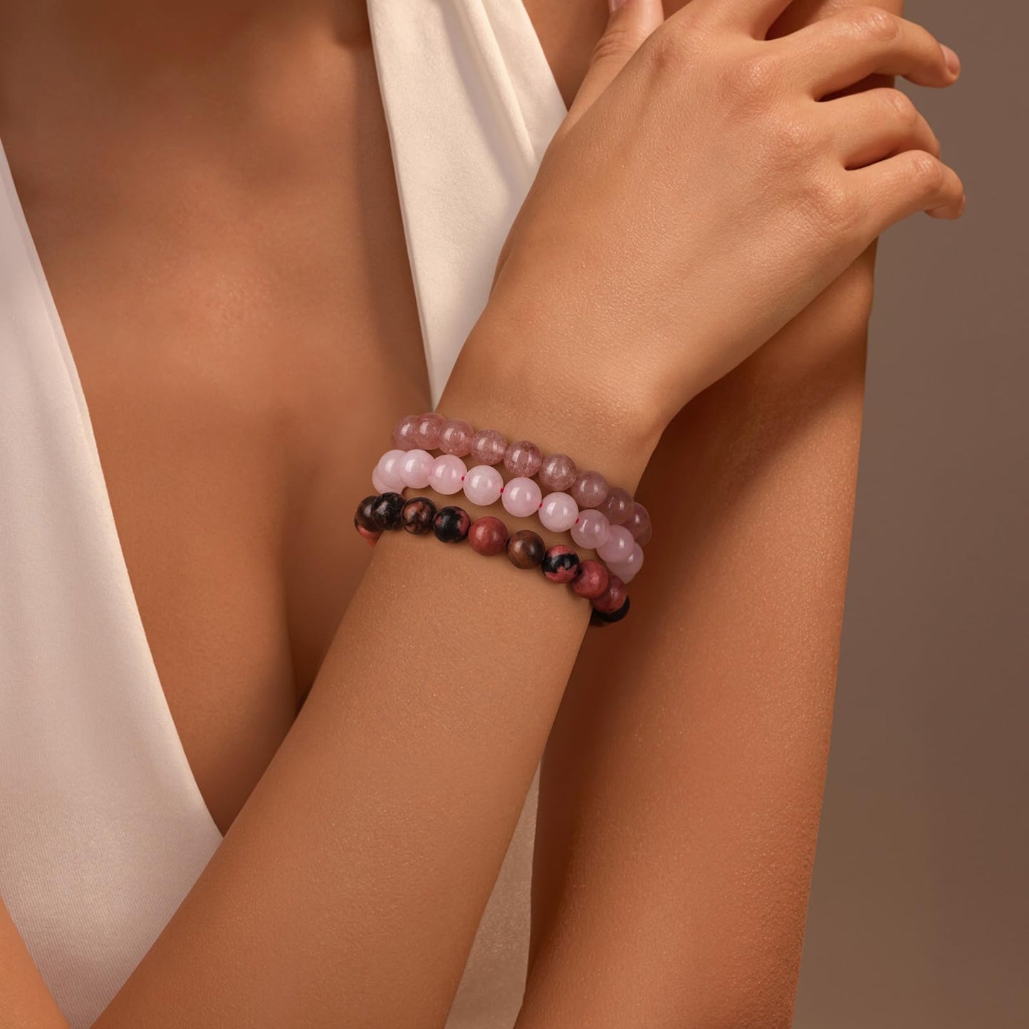 Vinswet Healing Crystal Bracelets for Women Men 8mm Rose Quartz Strawberry Rhodonite Natural Stone Beaded Stretch Bracelet Triple Protection Handmade Gemstone Reiki Spiritual Jewelry Gifts