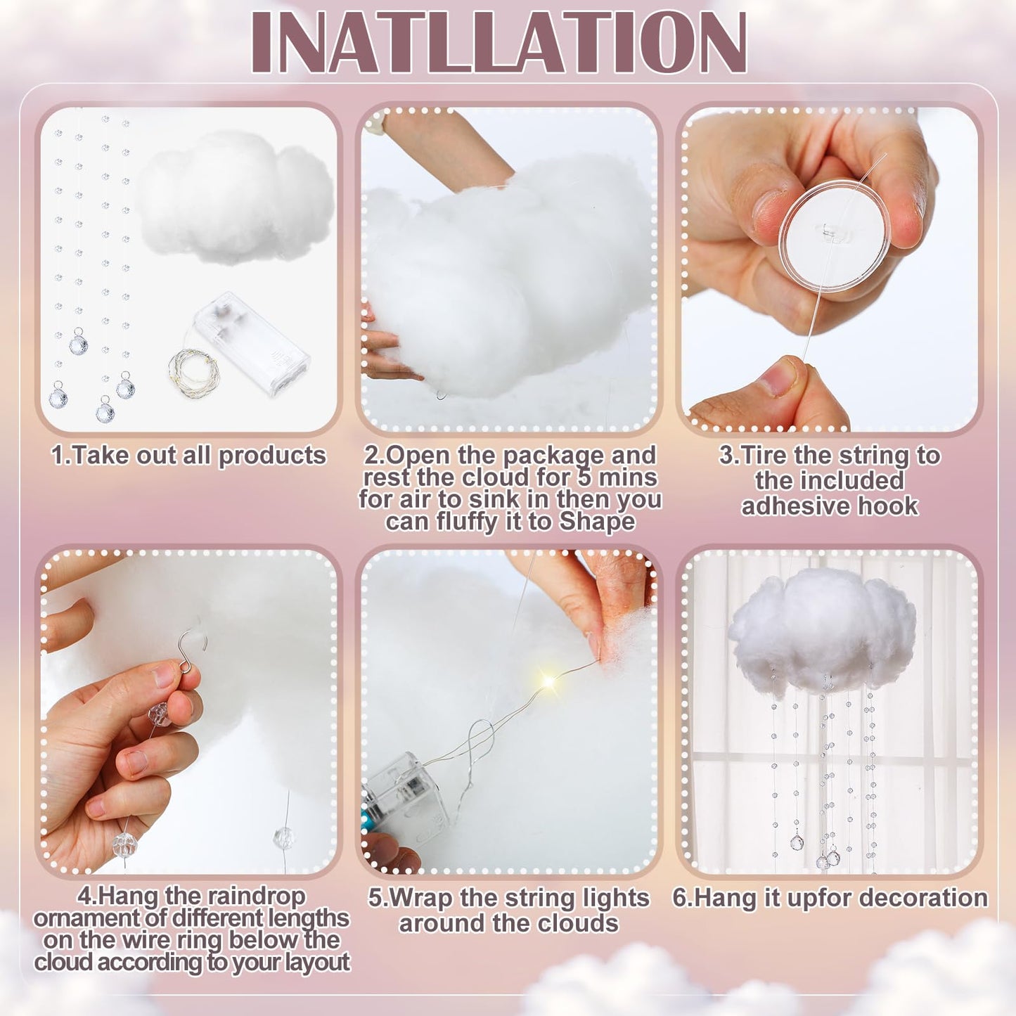 Marsui Artificial Cloud Props LED Hanging Cloud Light String Fake Imitation 3D Cotton Classroom School Decor Raindrop for Room Ceiling Baby Shower Party Wedding Nursery Classroom Wall DIY Decor(4 Pcs)