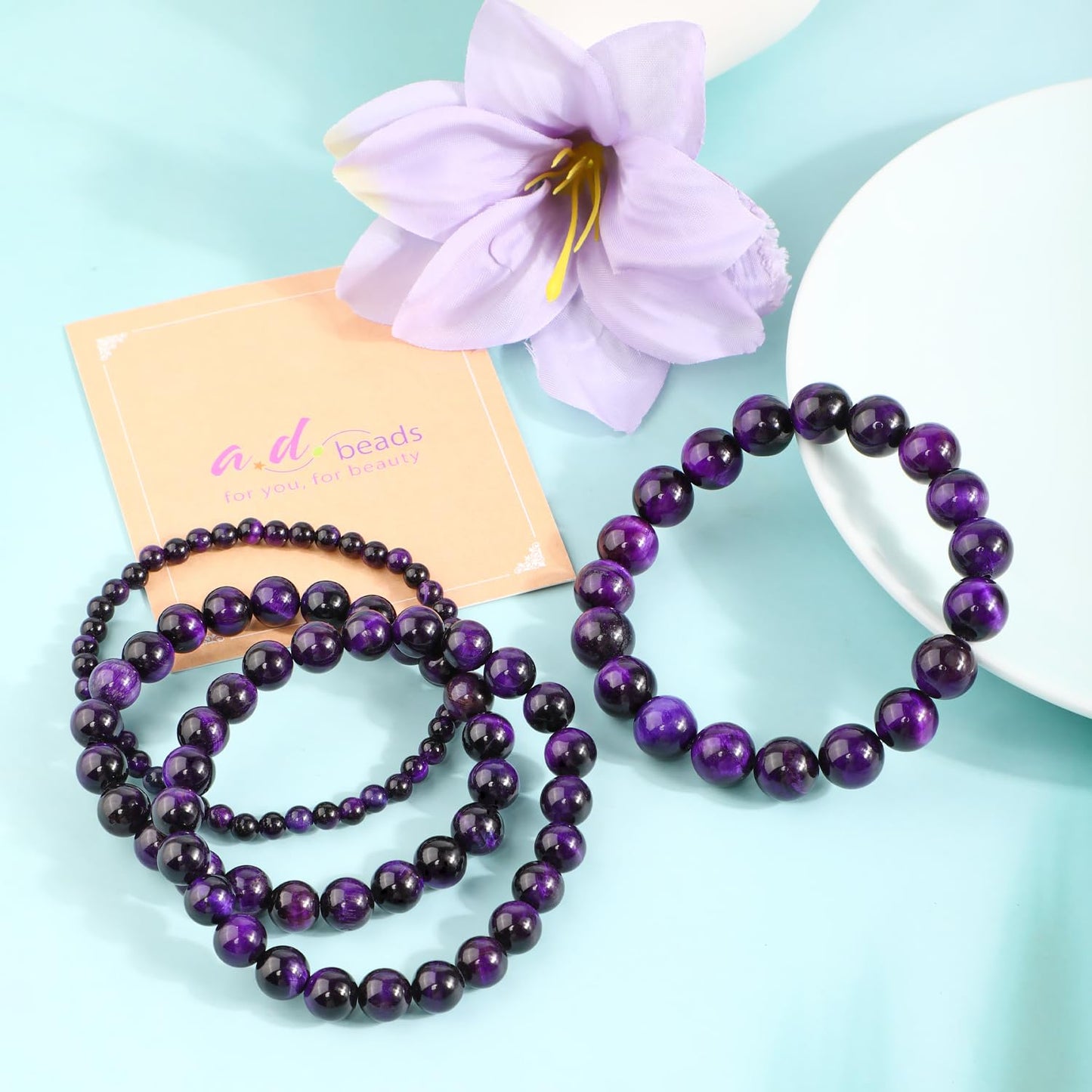 AD Beads 6mm Handmade Purple Tiger Eye Elastic Bracelet – Natural Gemstone for Peace and Tranquility – Meditation, Yoga, Healing and Energy Gift for Men Women