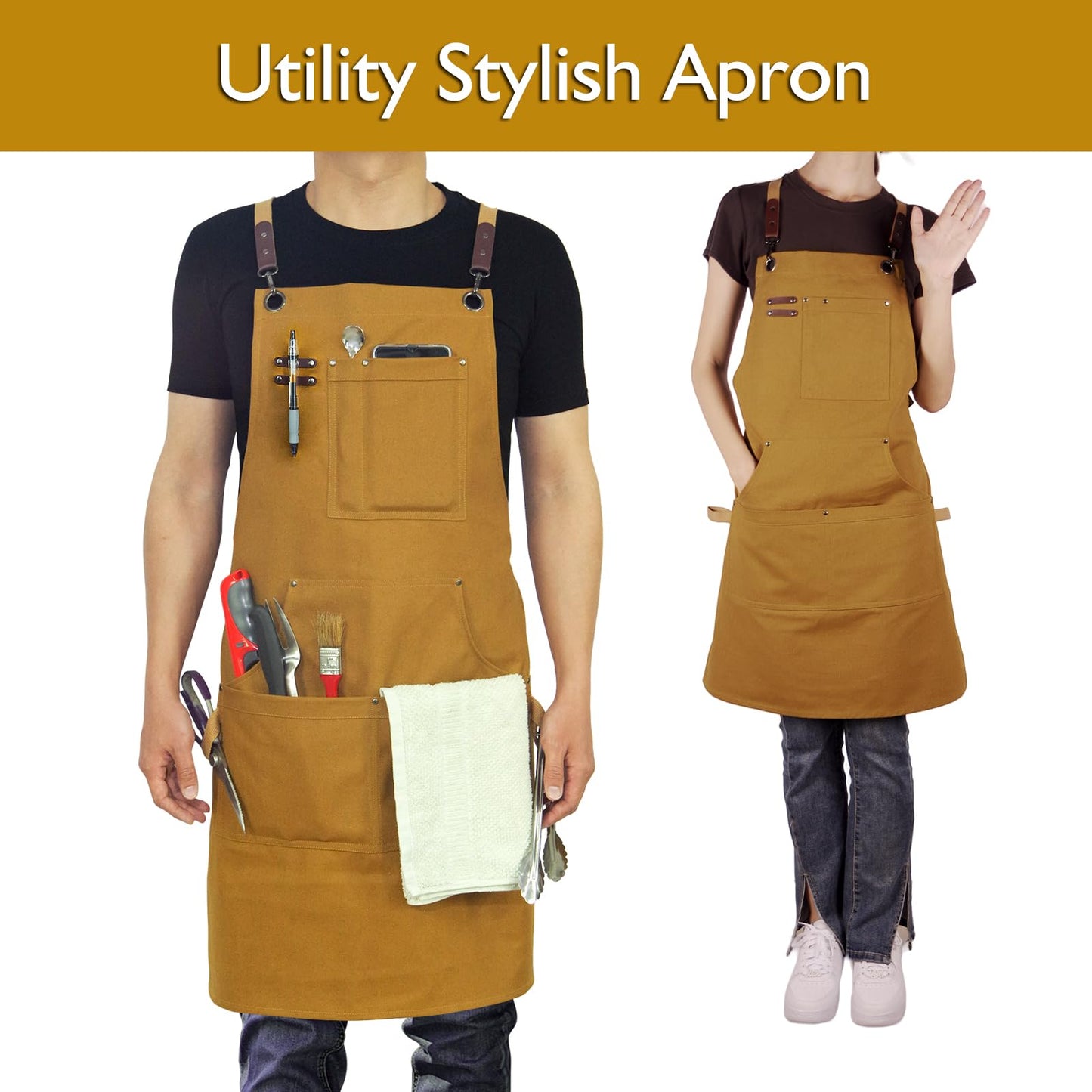 Stenffy Kitchen Apron, Work Apron, Canvas, Multiple Pockets, Gardening, Painting, BBQ, Artist, Carpenter, Sizes M to XXL, Khaki