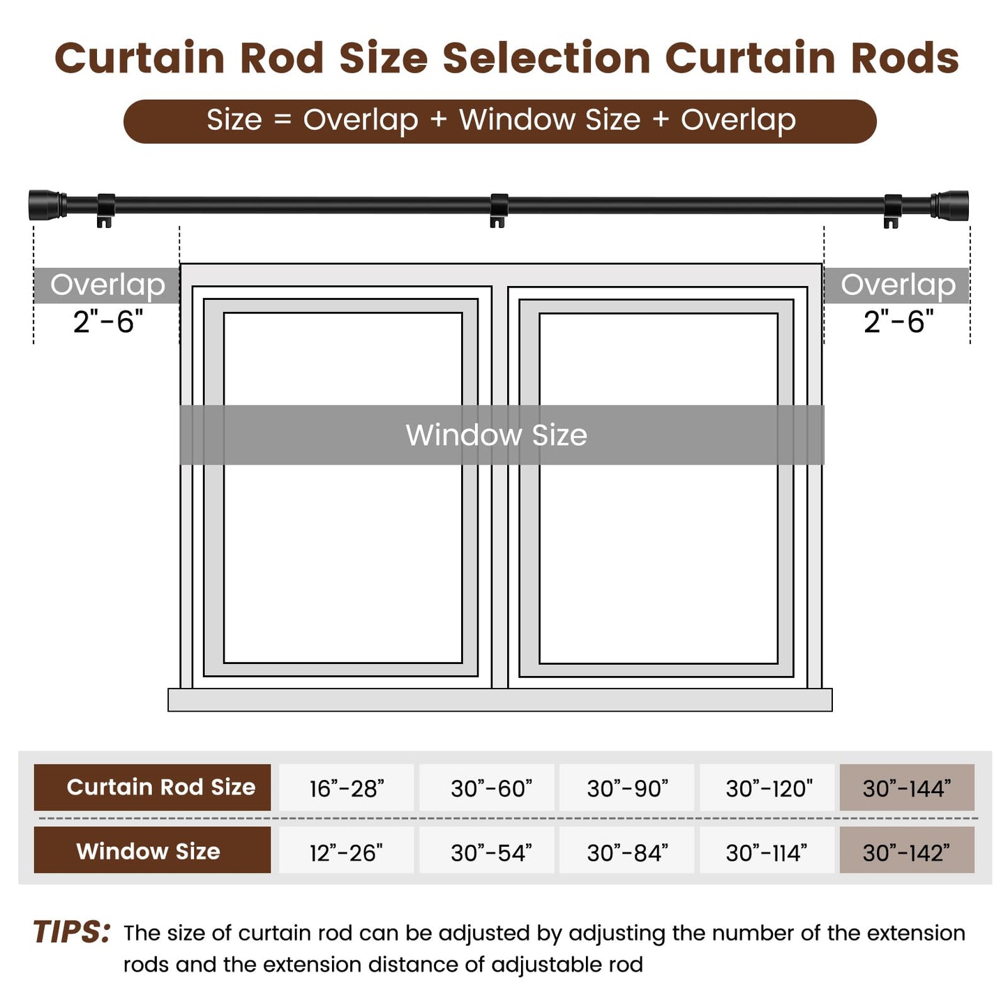 1” Diameter Curtain Rods Itself is 30 to 144 inch 1 Pack Fit 30-142 inch, 66 to 120 inch Window with Heavy Duty Adjustable Rod Matte Black Splicing Metal Extra Long Curtain Rod for Windows