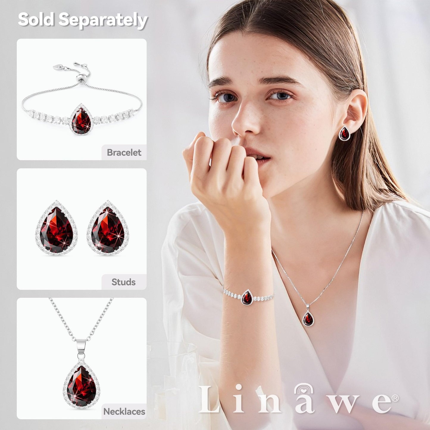 Linawe Red Crystal Imitation Diamond Charm Silver Bracelets for Women, Garnet Rhinestone Birthstone Moissanite Cubic Zirconia Chain Bracelet Set, Prom Costume Wedding Jewelry
