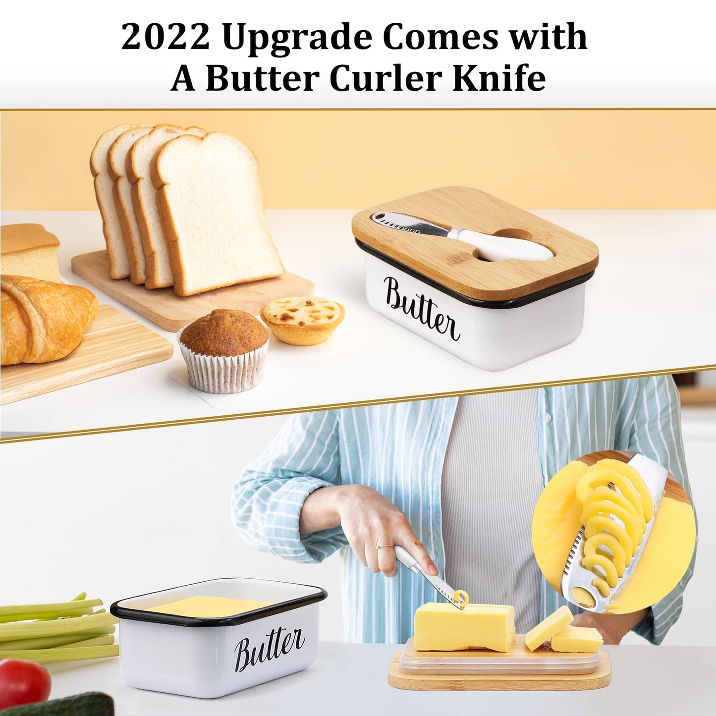 LANDNEOO Butter Dish with Lid and Butter Curler Knife - Unbreakable Stainless Steel Keeper Container with Double Silicone Sealing, for Kitchen Farmhouse Decor