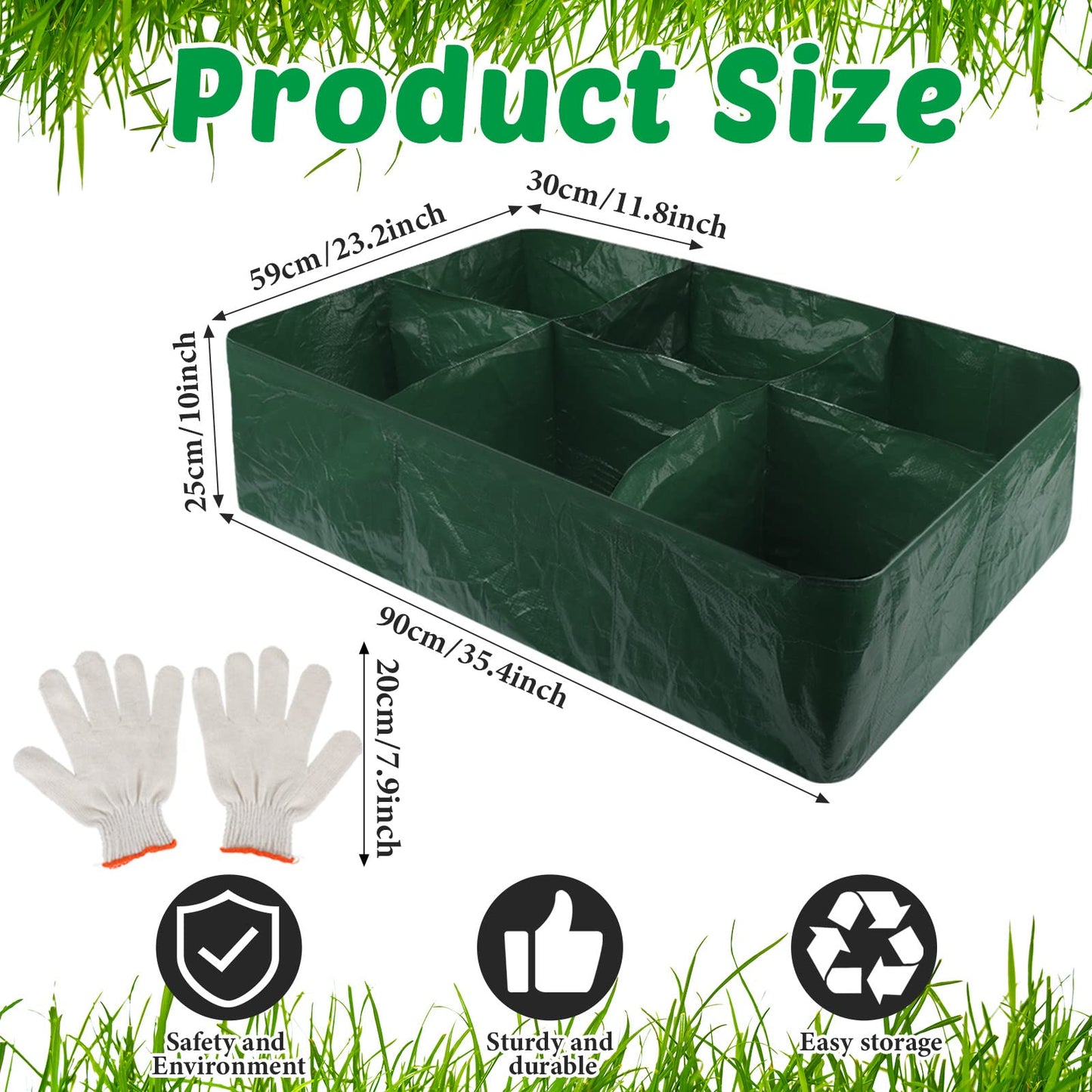 Gerrii 6 Pack 35 Gallon Fabric Raised Garden Beds Rectangle Garden Planting Bed with 6 Divided Grids Drainage Holes 4 Pcs Warehouse Gloves for Vegetables Flowers Tomatoes Herb(Polypropylene, Cotton)