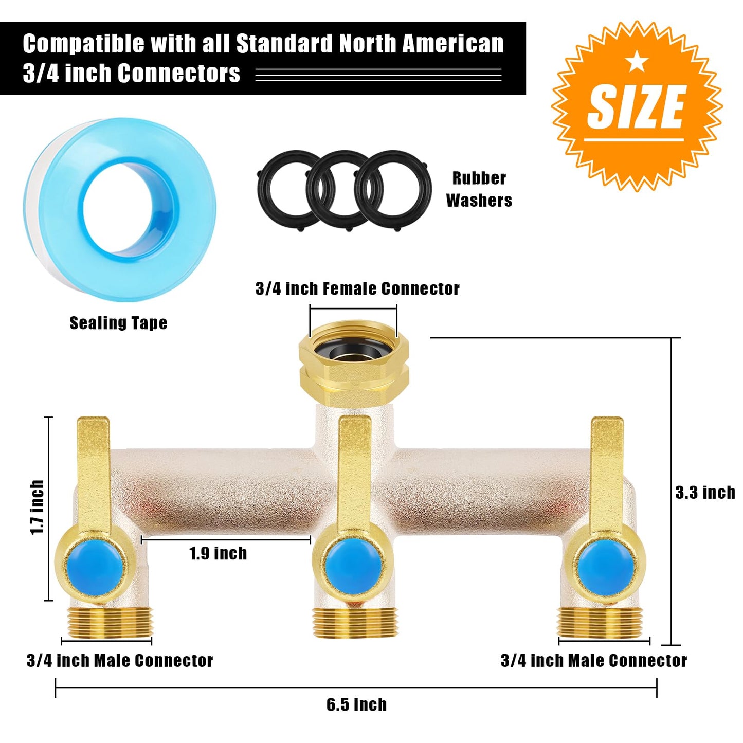 Upgraded Brass Garden Hose Splitter, 3/4" Hose Splitter 3 Way Heavy Duty with Extension Handles, Outdoor Faucet Splitter Water Spigot Splitter with Individual On/Off Valve
