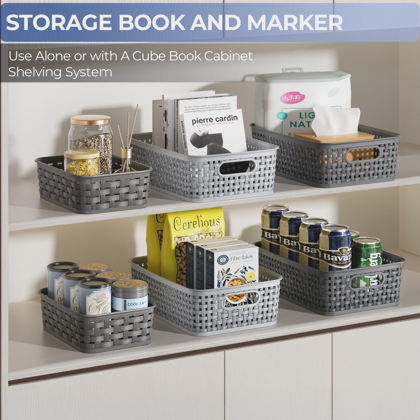3 Pack Small Plastic Basket, Storage Bin Baskets for Organizing, Pantry Organizer Household Wicker Storage for Laundry Room, Bedrooms, Kitchens, Cabinets, Countertops, Dark Gray