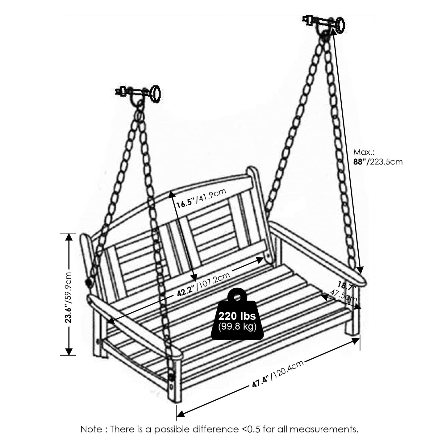 Furinno Tioman Hardwood Patio / Garden / Outdoor 4ft Porch Swing, 2 Seater with Hanging Chains, Natural
