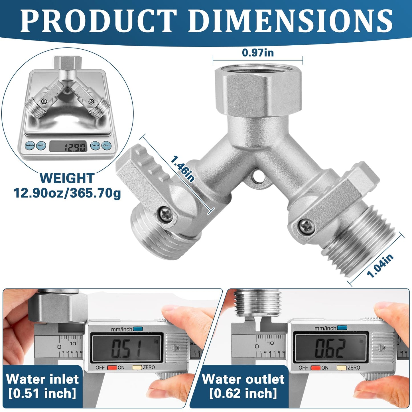 Garden Hose Splitter 2 Way Heavy Duty, 304 Stainless Steel 2Way Hose Splitter, 3/4 Inch Water Hose Splitter 2 Way, Full Flow Garden Hose Y Splitter(All Components are Stainless Steel)