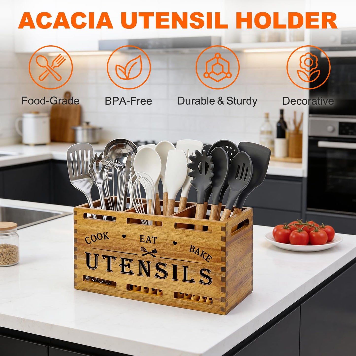 Acacia Wood Extra Large Utensil Holder for Kitchen Counter Rustic Spatula Holder For Counter Top Organizer Kitchen Cooking Utensil Storage Countertop Silverware Caddy Wooden Spoon Kitchen Tools Holder