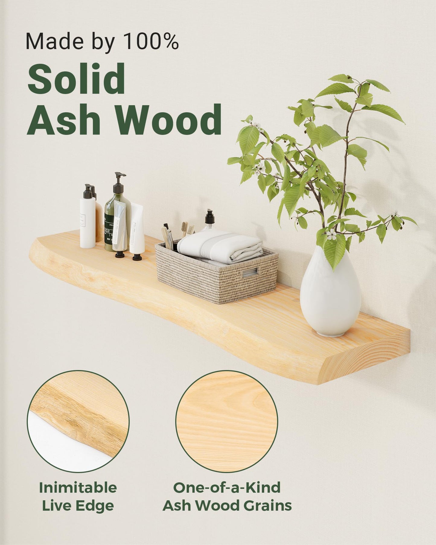 Axeman 24" Solid Wood Floating Shelves for Wall Decor, USA-Sourced Rustic Ash Wood Live Edge Shelf with Upgraded Heavy Invisible Bracket, Wall Mounted Shelf for Kitchen Bathroom Living Room, Natural