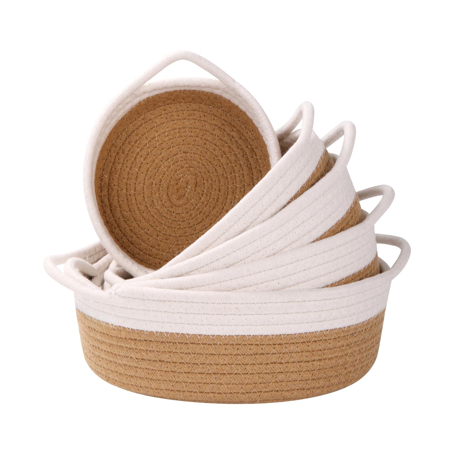 Small Storage Woven Baskets Shelves Natural Cotton Rope Bins with Handle Toilet Tank Paper for Countertop Cute Gifts Organizing Mini Nursery 5 Set box (White & Jute)