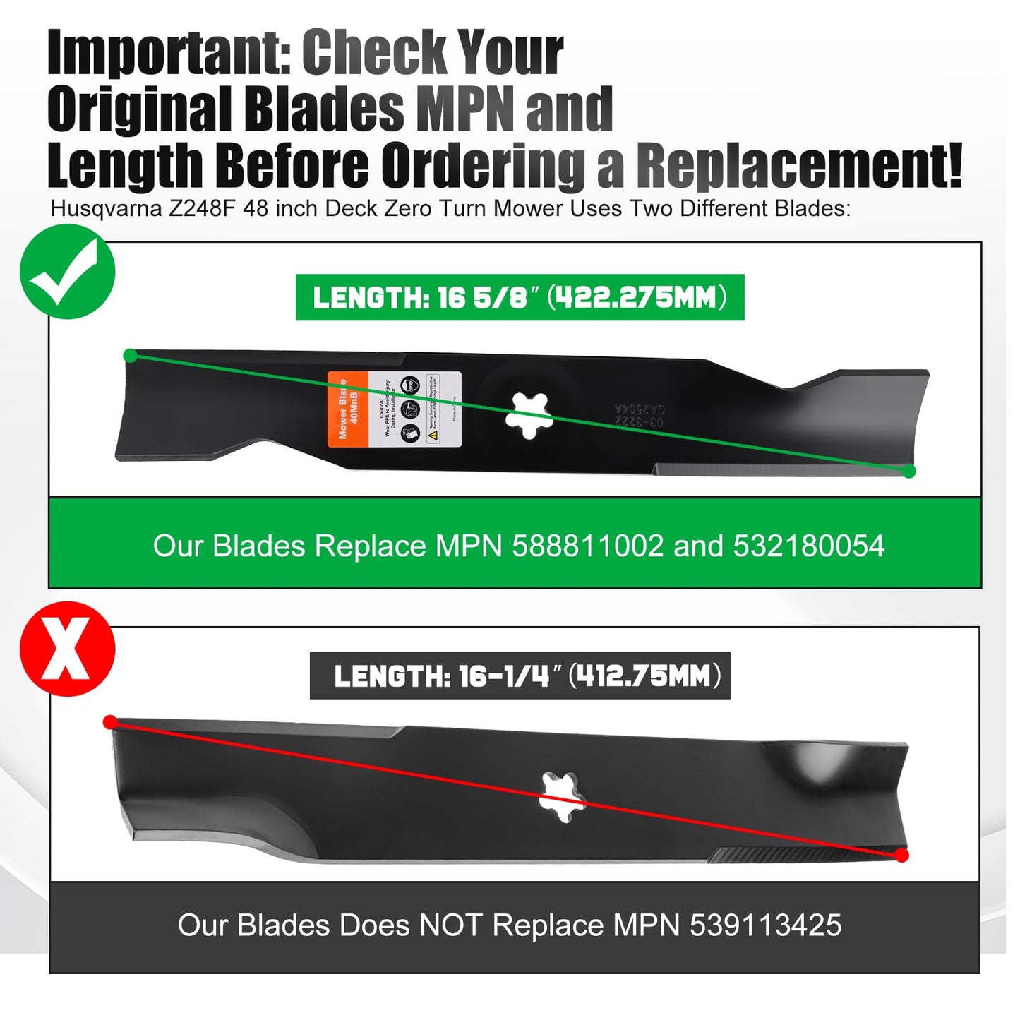 Grasscool 532180054 180054 Mower Blades for Husqvarna 48 inch Deck Zero Turn Riding Mower Z248F YTH2348 YTH24V48 YTH2148 YTH24K48 Z248 YTH2448 Replace 173920(High Lift)