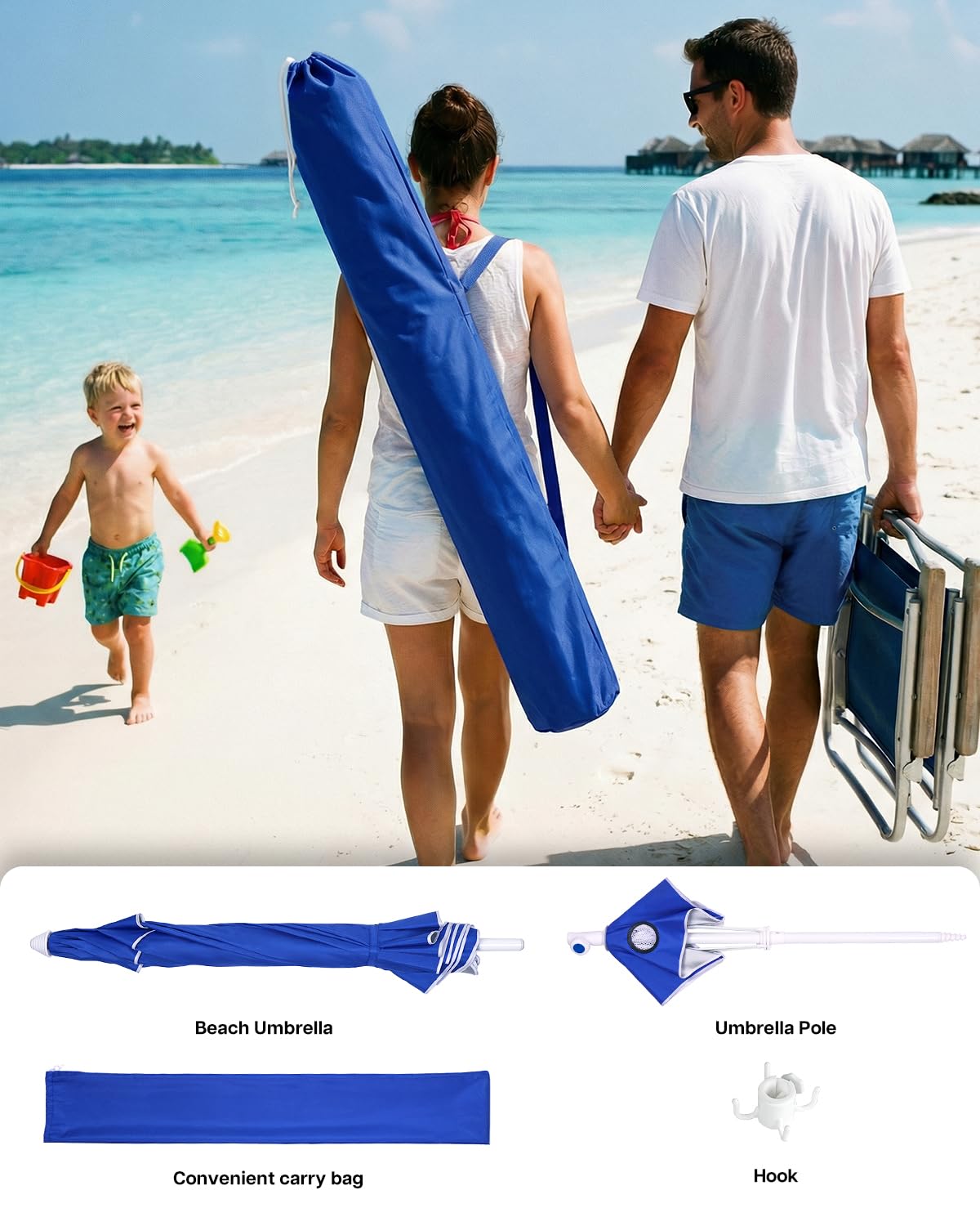 Paramondo 7ft Beach Umbrella with Sand Anchor Air Vent Push Button Tilt and Crank, Portable Sunshade Outdoor Patio Umbrella with 8 Sturdy Ribs for Garden, Deck, Backyard, Pool and Beach
