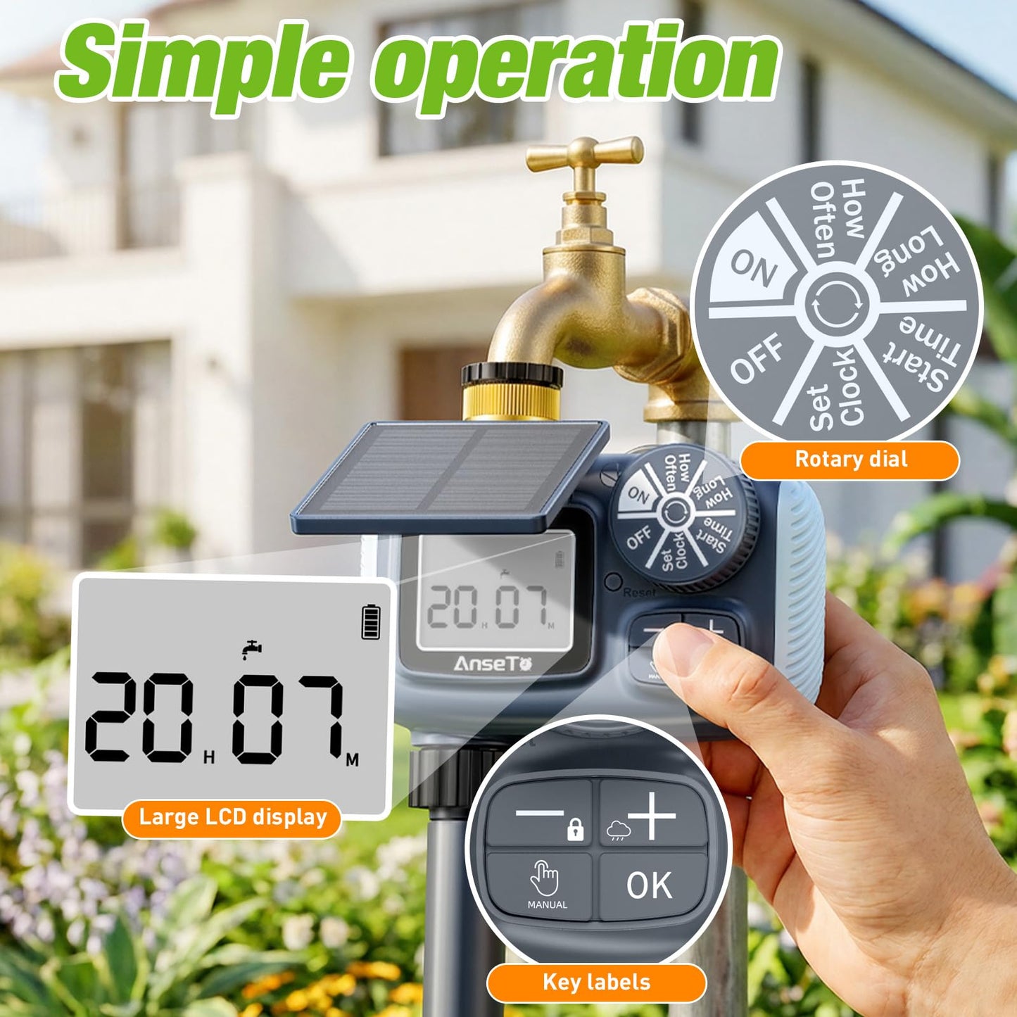 AnseTo Solar Sprinkler Timer, Solar & Type-C Rechargeable Water Timer for Garden Hose, Programmable Faucet System with Rain Delay/Manual/Auto Mode, Digital Irrigation Controller for Lawn/Yard/Pool