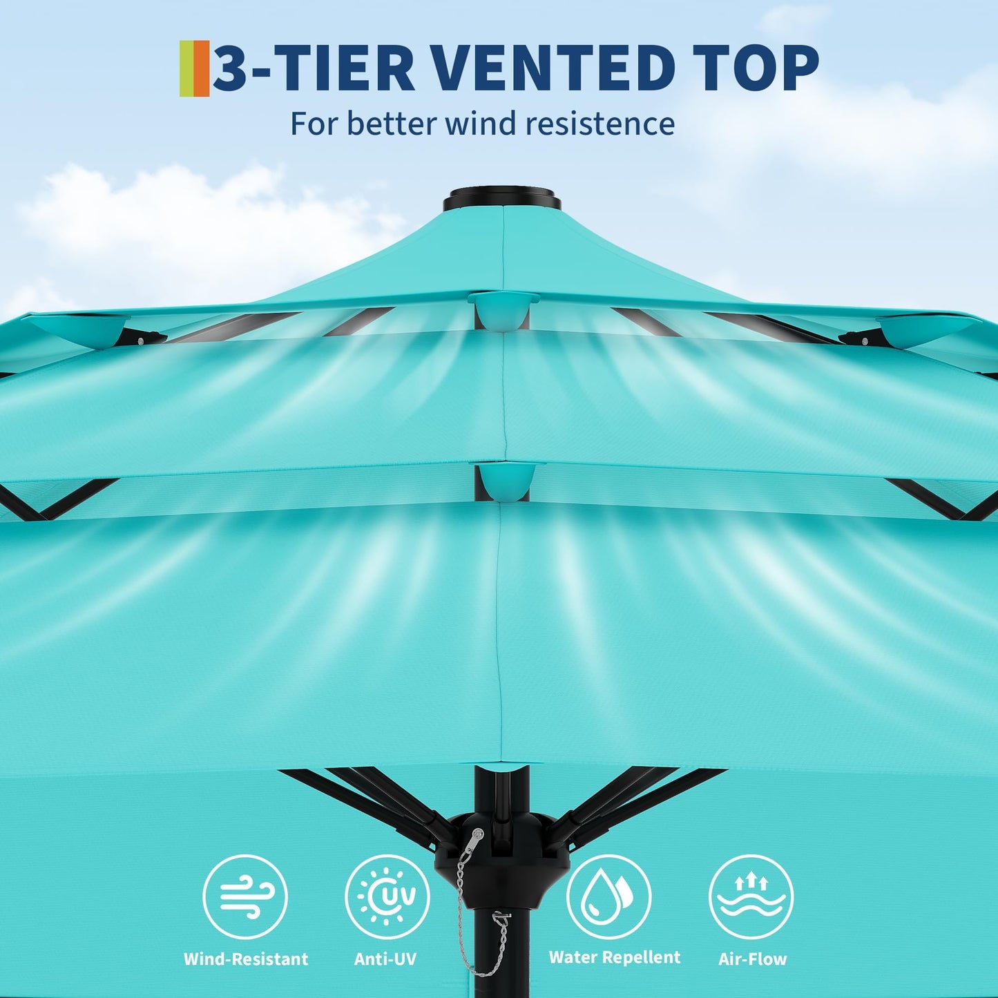 Garvee 9Ft Outdoor Patio Umbrella, 3-Tiers Market Umbrella with 8 Sturdy Ribs & Hand Crank, Outdoor Table Umbrella for Poolside, Beach, Garden(Blue)