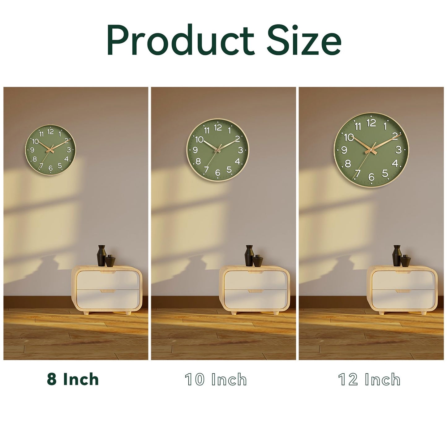 Roymnie Wall Clock Green, Silent Wall Clocks Battery Operated 8 Inch-Modern Non Ticking Analog Clock Decorative for Kitchen Office Bathroom Bedroom(Gold)