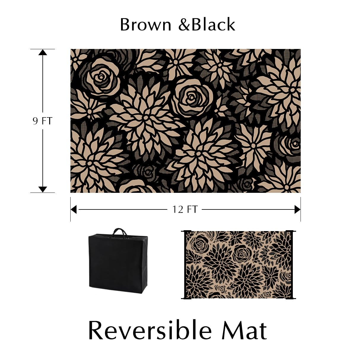 WondRg Outdoor Plastic Straw Rug Waterproof Patio 9x12 Black Brown Floral Mat for Porch Camping RV Balcony Deck Courtyard Reversible Lightweight Durable Portable Carpet