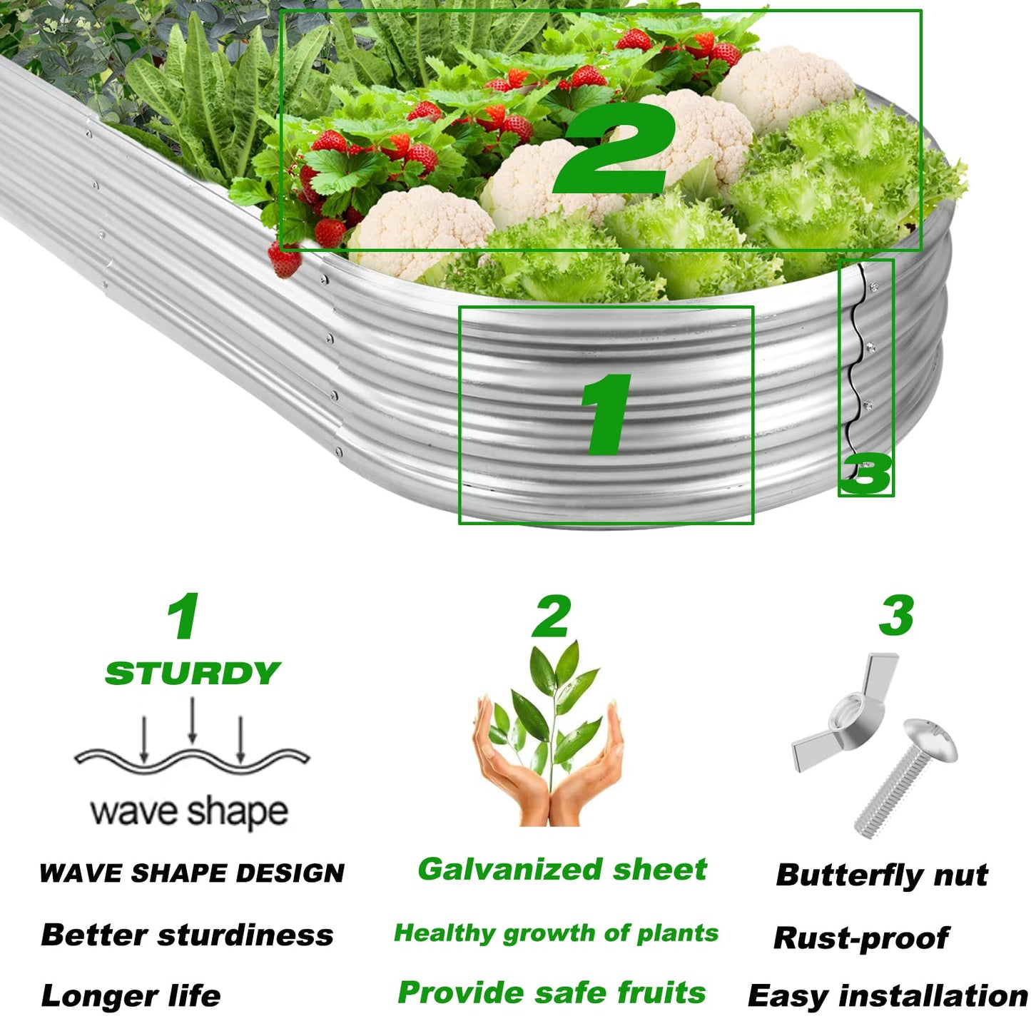 Rakukiri Raised Garden Bed GRS Certified Galvanized Planter Box Outdoor, 5ft Oval Rot-Resistant Metal Garden Bed Planter, Recycled Material Planter for Vegetables Flowers Herbs (Silver)