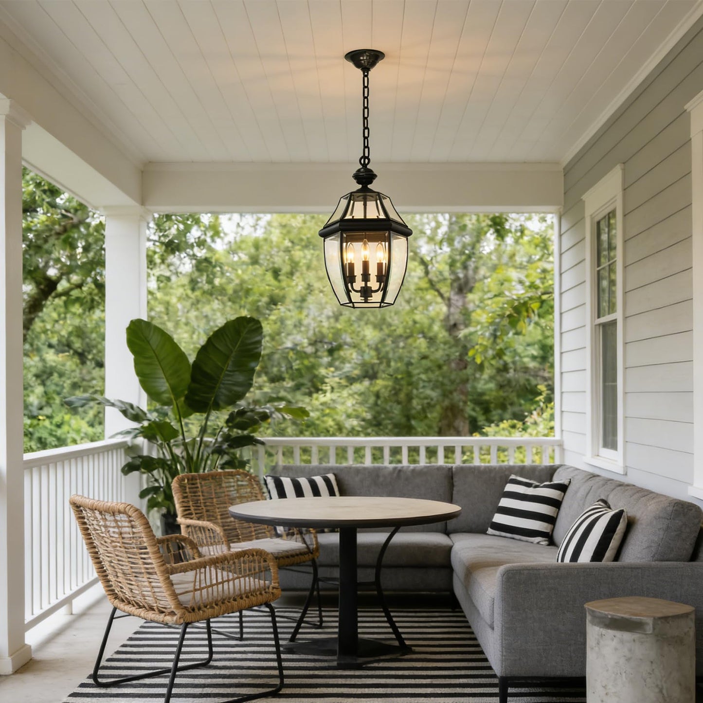 LALXUIEYC 3-Lights Outdoor Pendant Lantern Fixture, 20 Inch Large Modern Porch Light, Black Waterproof Hanging Chandelier with Clear Glass for Front Door, Patio, Gazebo, Entrance