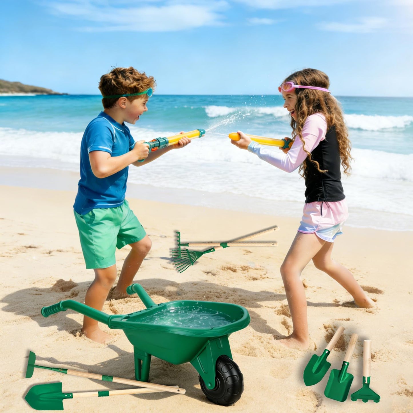 Dutywand Kids Gardening Tools Set with Wheelbarrow, Wooden & Metal Outdoor Gardening Toys for Summer Outdoor Yard Digging & Weeding, Easter Birthday Gifts for Boys Girls Age 3+ Years (Green)