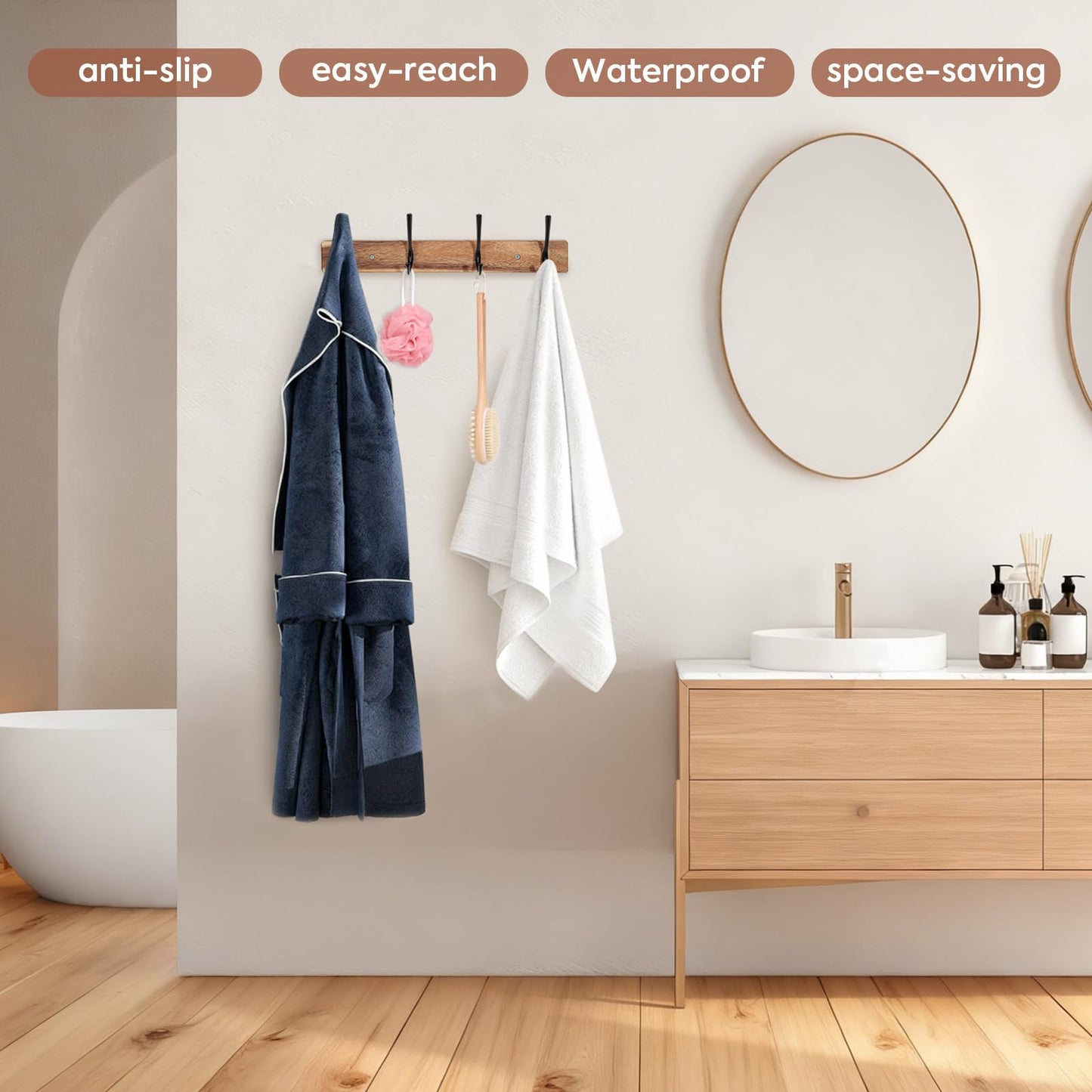 Yangbaga Coat Rack Wall Mount,Acacia Wood Coat Hooks Wall Mount,15" Wall Coat Rack with Heavy Duty 4-Double-Hooks,Hat Rack Wall Coat Hanger for Towel/Dog’s Leashes/Coat/Bag
