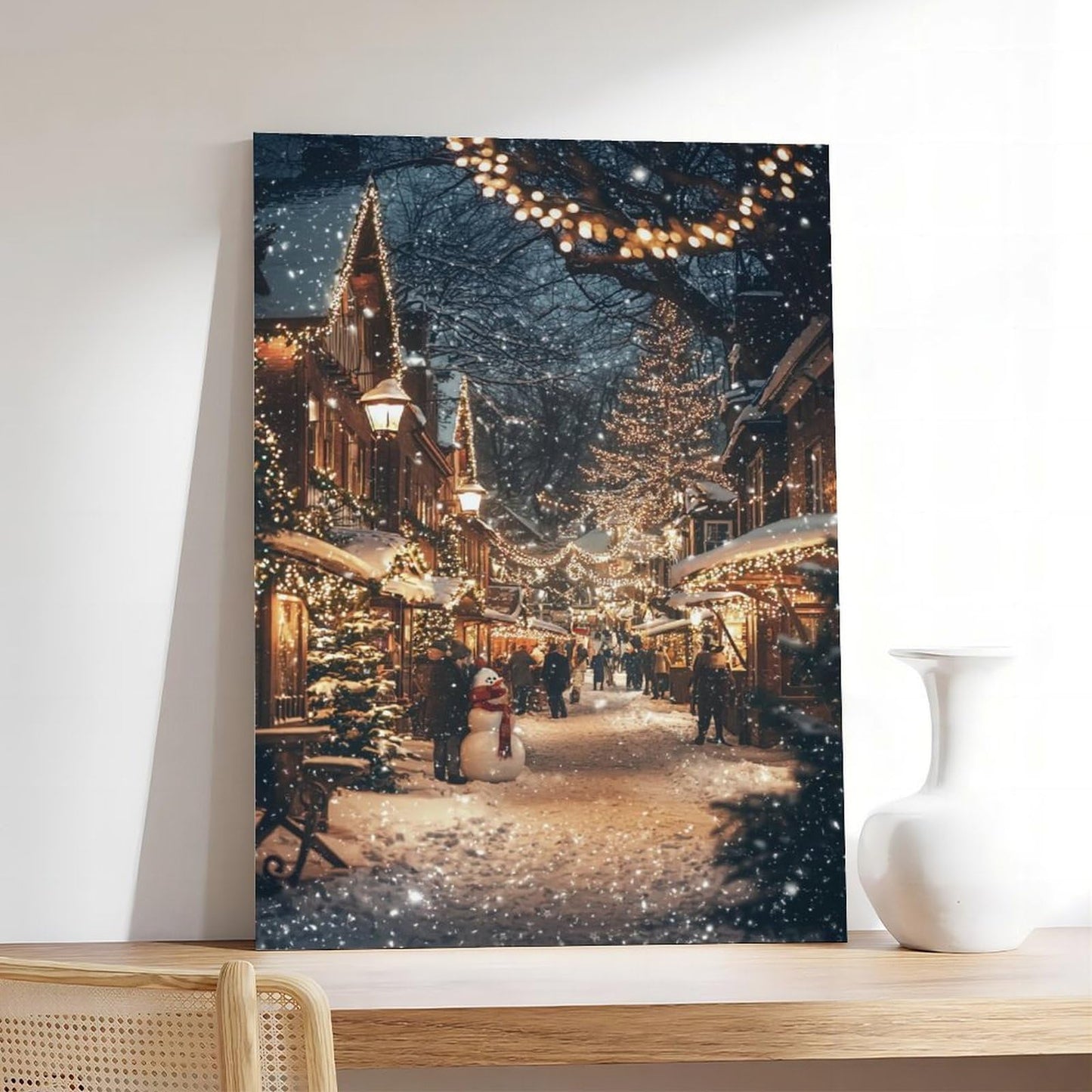 Festive Winter Town Wall Art – Snow Covered Village, Holiday Lights And People Poster Print for Teen Boys Room Wall Art Canvas Painting Print 12x18inch(30x45cm)