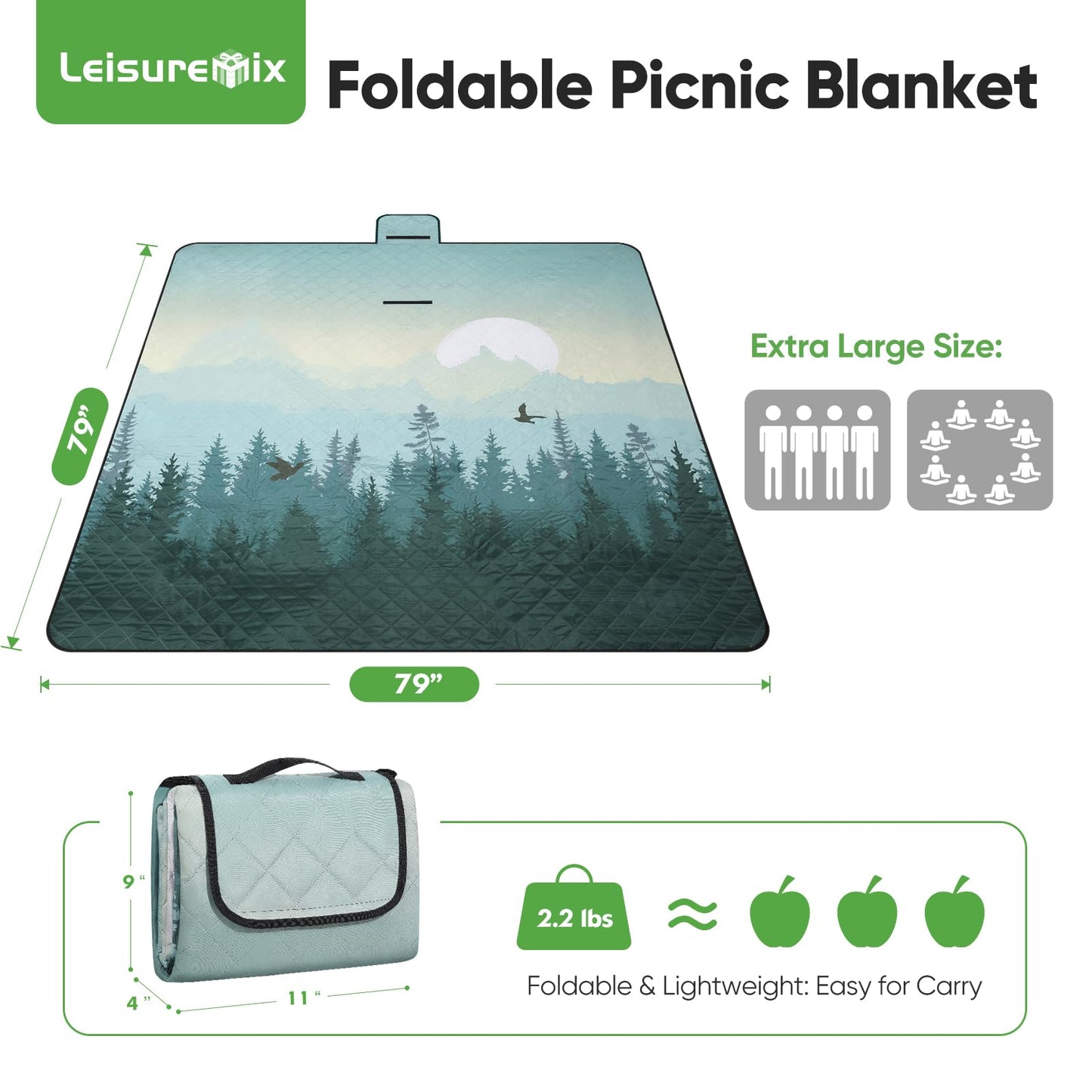 Leisuremix Picnic Blanket Waterproof Extra Large 79”x79” 210D Oxford Outdoor Blanket for Grass Portable Sand Proof Beach Blanket for 6-8 Adults, Morning Forest