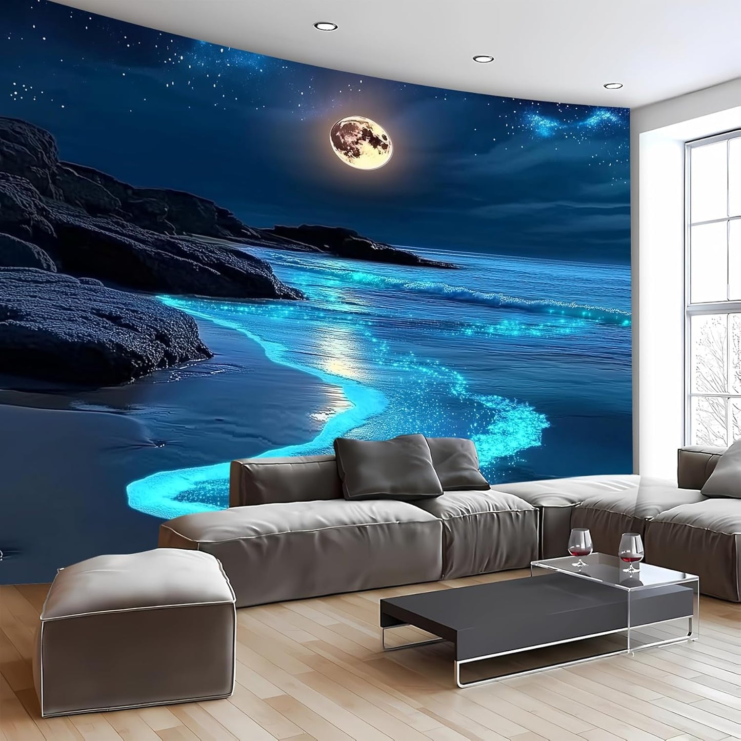 FENDROM 3D Fantasy Nature Sky Tapestry Stunningly Beautiful Moon Over Ocean Wall Hanging Landscape Wall Art Blanket for Bedroom Living Room