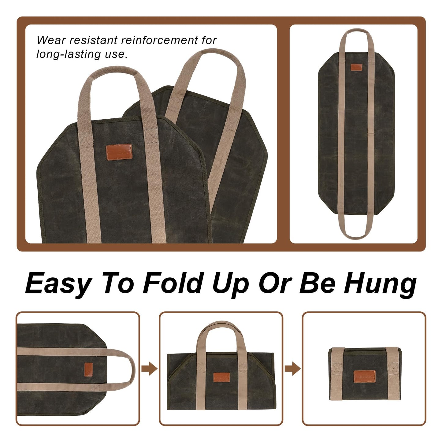 STBoo Firewood Carrier Waxed Canvas: Log Carrier for Firewood Heavy Duty | Fire Wood Carrier Tote Bag | Fireplace Log Holders for Firepit Outdoor Camping, Indoor, Wood Stove Accessories Gift, Geen