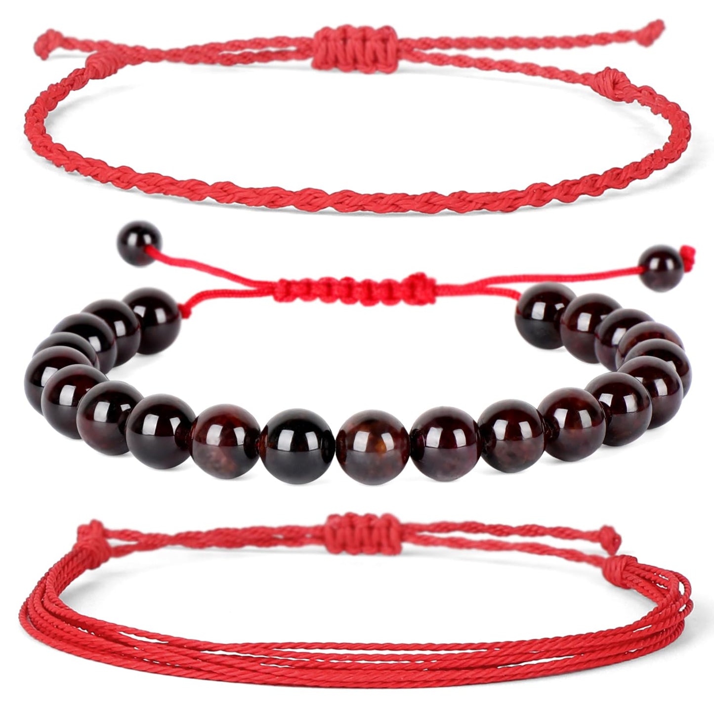 QOGIR Handmade Healing Bracelets,8mm Natural Red Garnet Gem Stone Beads Bracelet for Men Women Gifts with 2PCS Size Adjustable Rope Bracelets