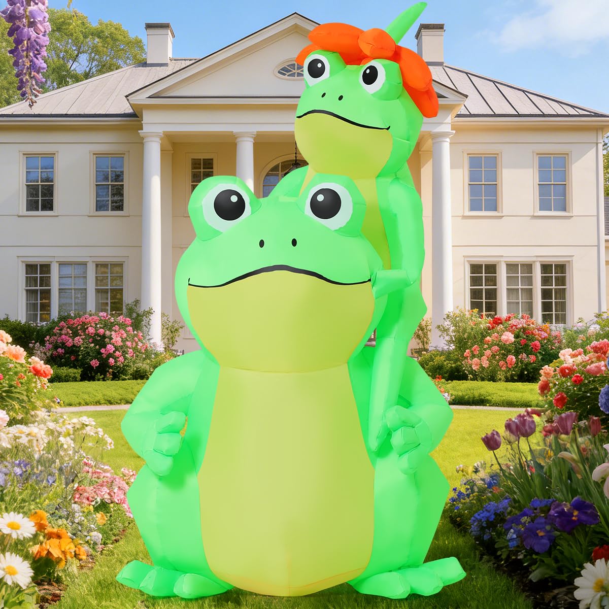 GOOSH 5 FT Summer Inflatables Frogs Decorations Blow Up Yard with Flower Built-in LEDs for Garden Lawn Indoor Party Decor