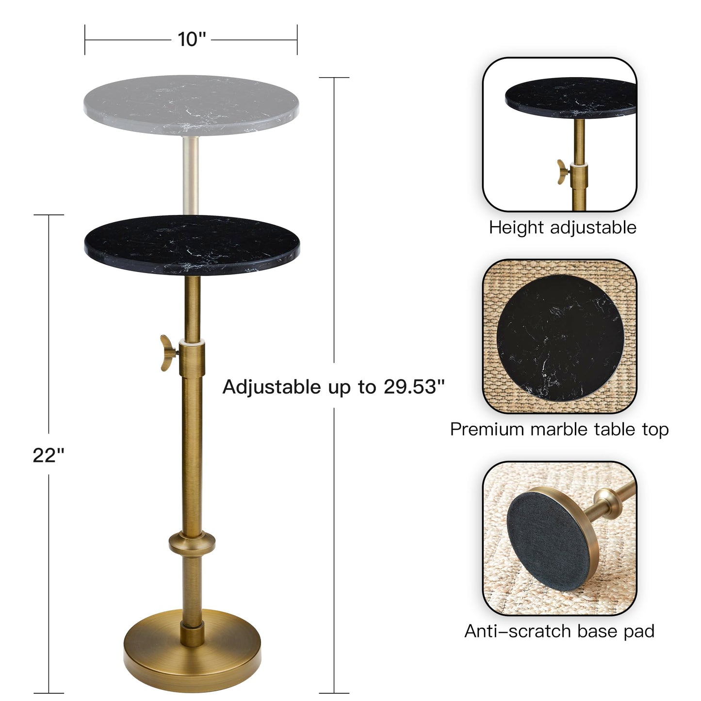 Adjustable-Height Marble Drink Table - 10x10x22-30, Black Marble & Antique Brass, Modern Round End Table, Side Table with Pedestal Stand for Small Spaces, Vintage Metal Martini Cocktail Accent