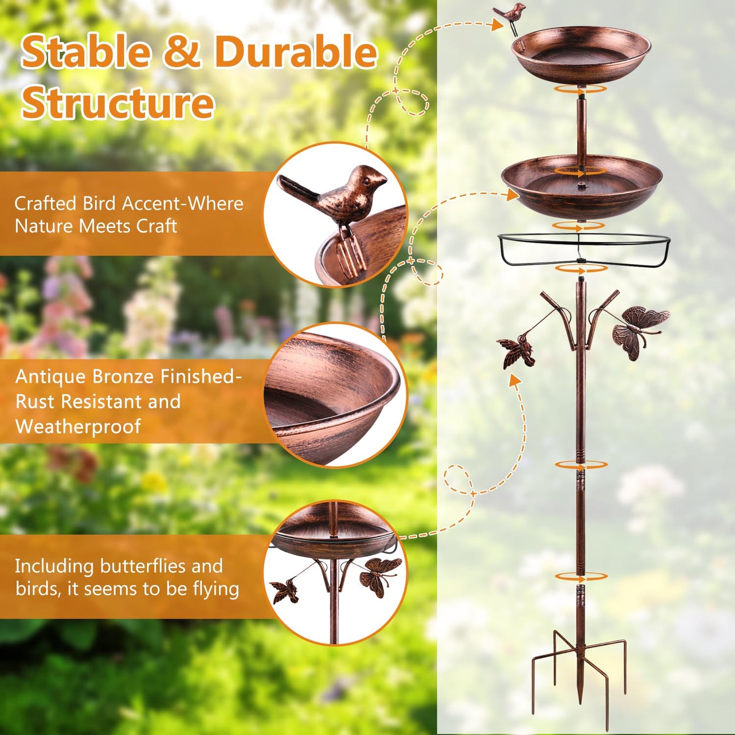 2 in 1 Bird Bath for Outside, 42 Inch Tall Free Standing Birdbaths Outdoor, Metal Bird Feeder Bowls for Garden Lawn Decor, Antique Bronze