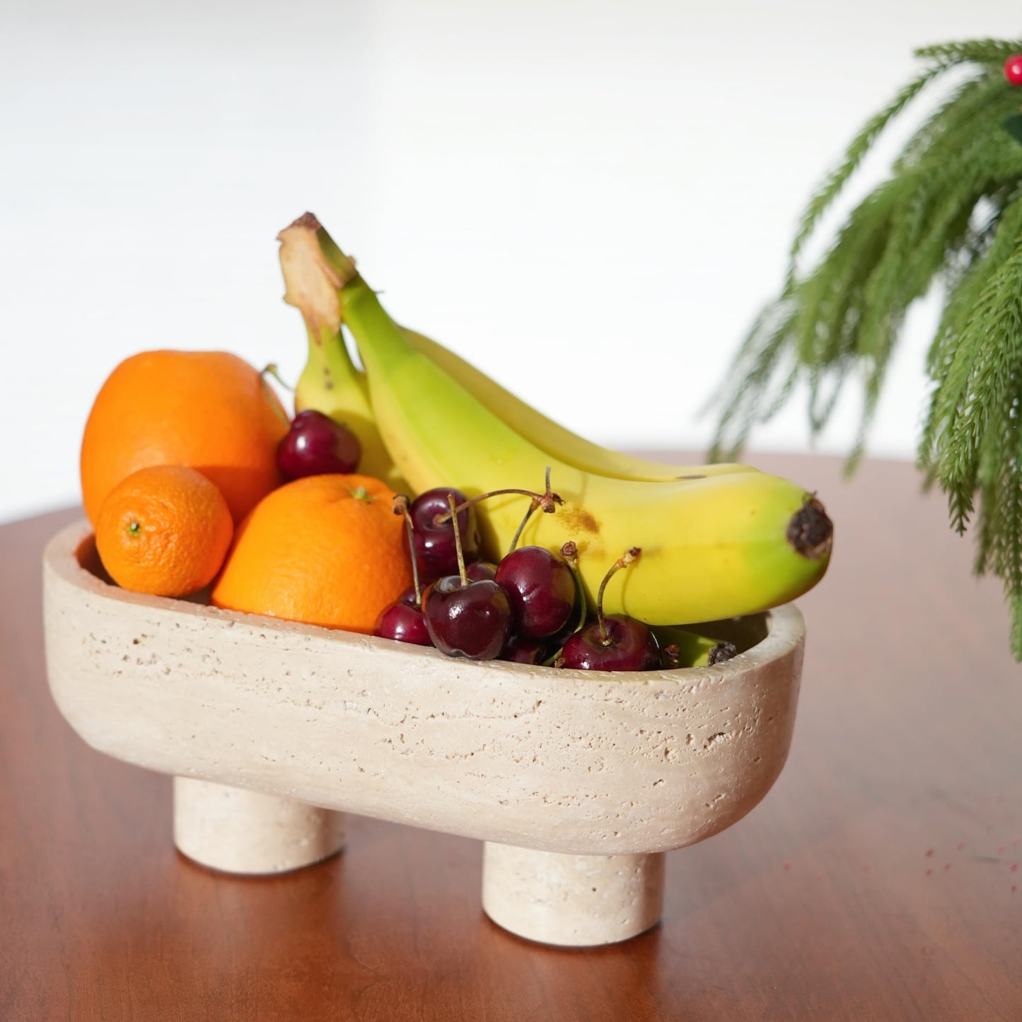 WILD WORKS Travertine Fruit Bowl, 10.2" Oval Beige Stone Serving Bowl for Kitchen Counter & Dining Table, Handcrafted Decorative Centerpiece with Non-Slip Feet for Home Decor